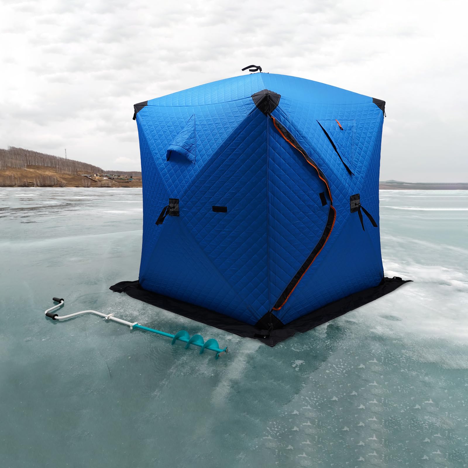 Portable Ice Fishing Tent, Thermal Ice Fishing Shelter with Insulated Layer to Windproof and Warm Ice Fishing Tent, 23 Square Feet of Fishable Area, 1-2 Person Shelter (Blue)