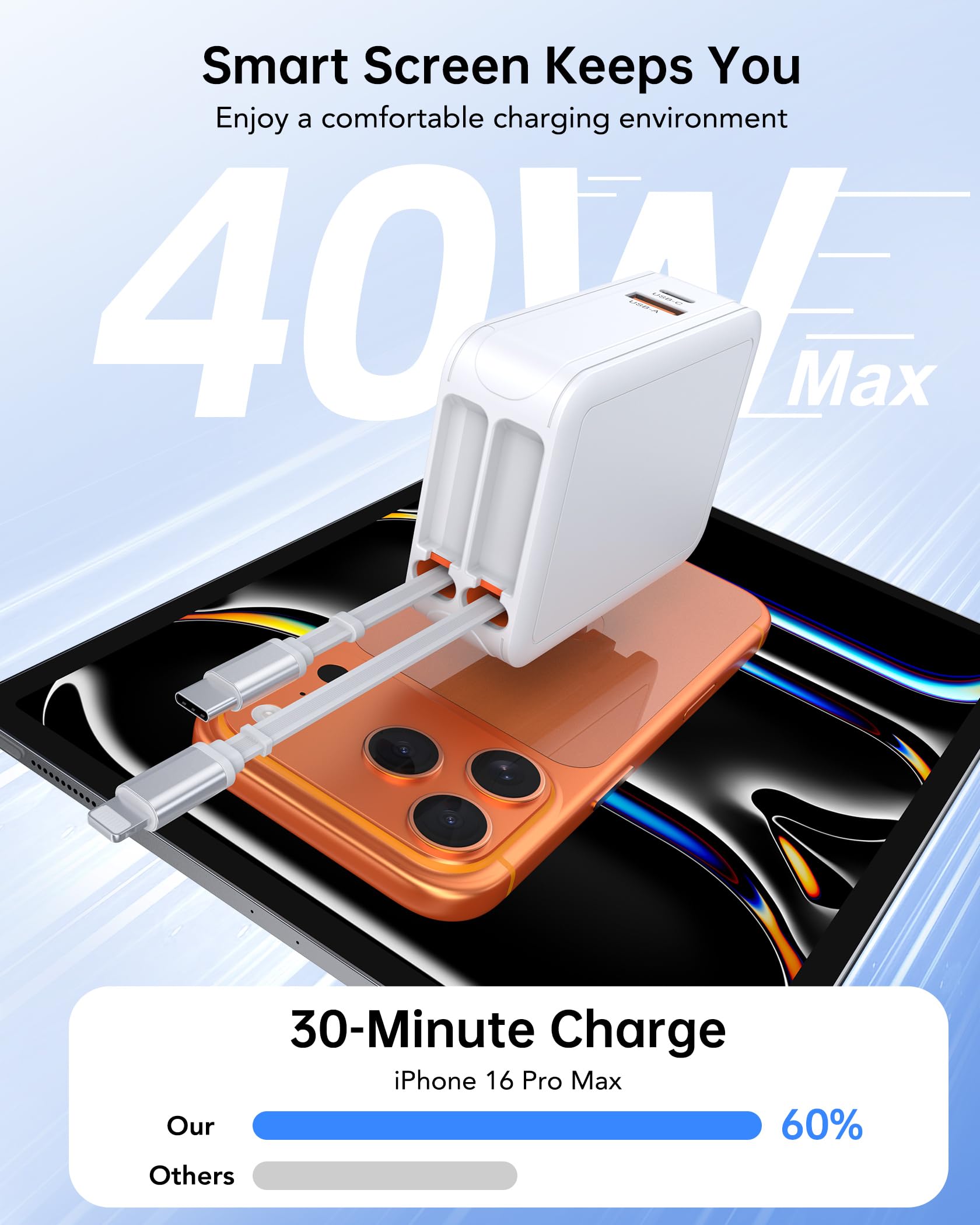 Cargador de teléfono retráctil 4 en 1 con doble puerto USB, cargador de pared retráctil de 2 pies con cables duales, cargadores USB C de 50 W que bloquean la carga rápida para iPhone 17 Pro/16/15/14