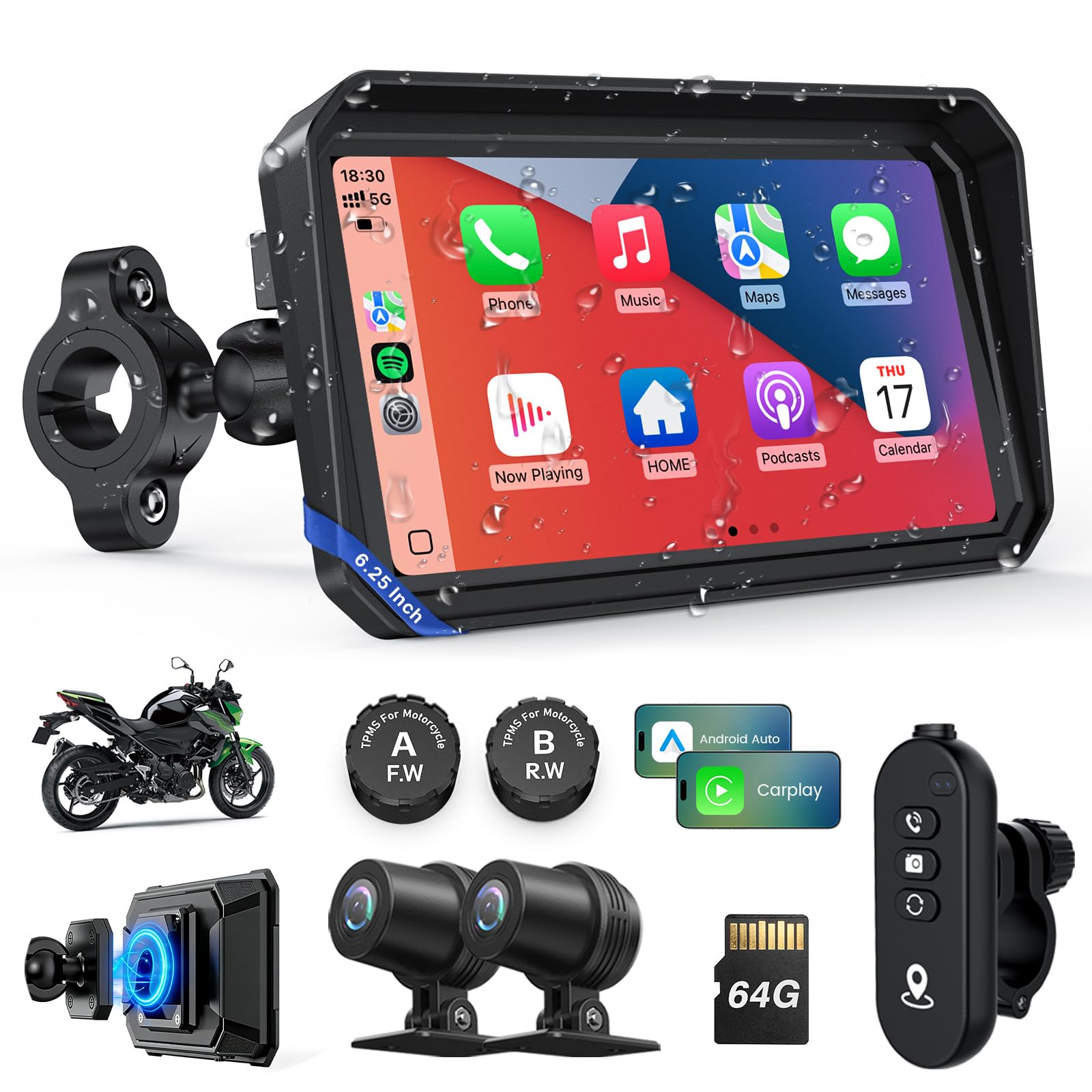 WonVon 6.25 Inch Motorcycle CarPlay Screen with Dual 2K Dash Cam