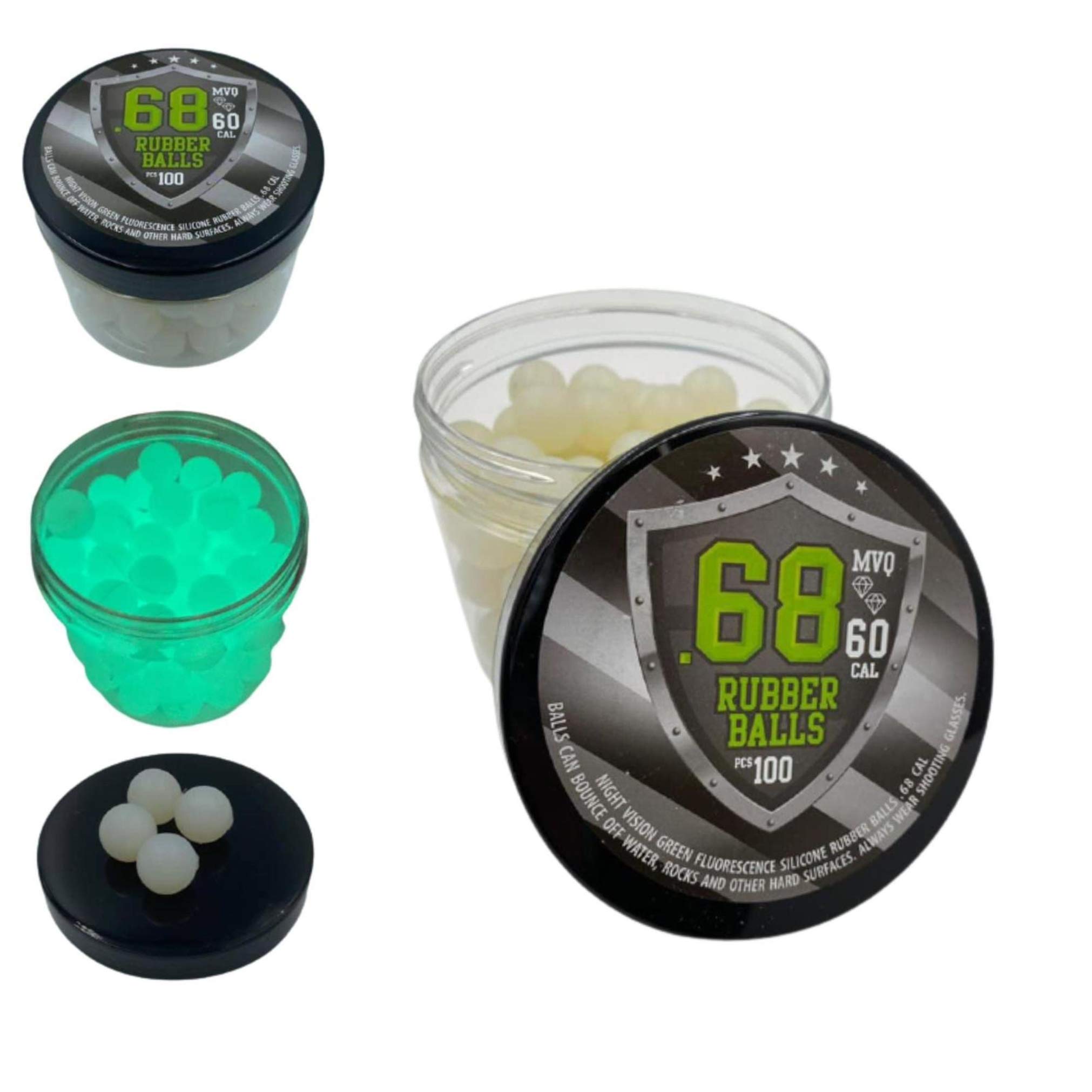 100 x Night Vision Silicon Rubber Balls in Green Fluorescence Paintballs Shining at Dark in 68 Cal.