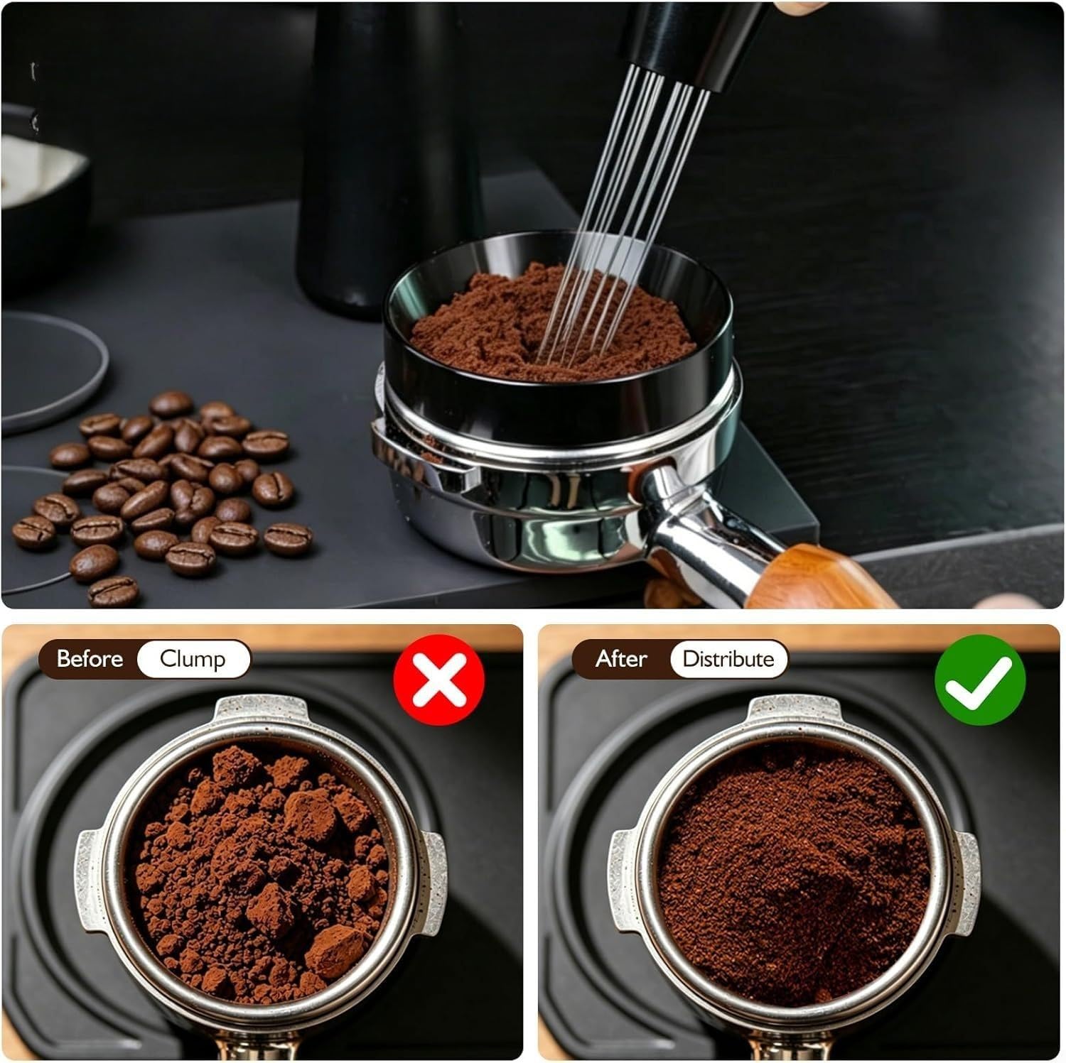 Kit para barista 53mm con Tamper y Distribuidor - Juego para accesorios Café para espresso para acero Inoxidable para madera para Hogar Cafetería