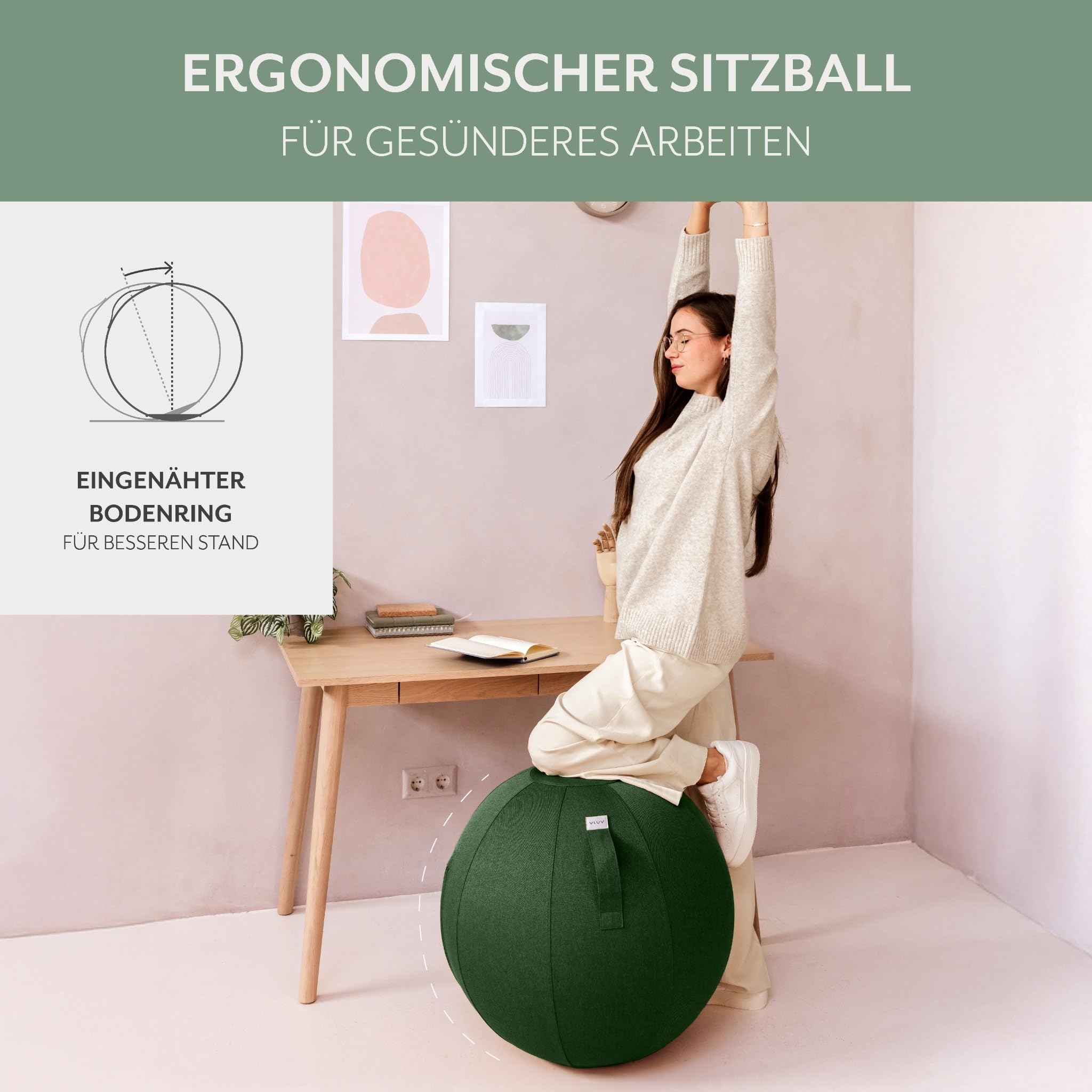 VLUV® BOL NEW LEIV Sitzball mit Möbel-Stoffbezug Pine (Grün) Ø 60-65cm