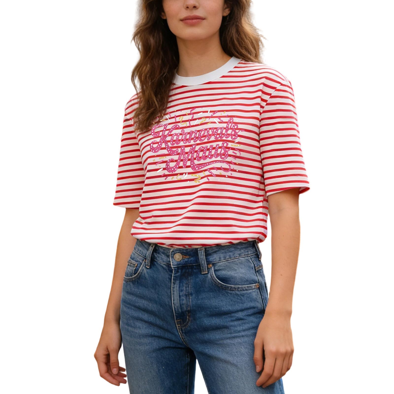 Zanisouta Striped Shirt Women's Red White Striped Short Sleeve Shirt Carnival T-Shirt Short Sleeve Blouse Crew Neck Tops Fancy Dress Sailor Costume Basic Casual Tops Fancy Dress Costumes, V Red, XXL