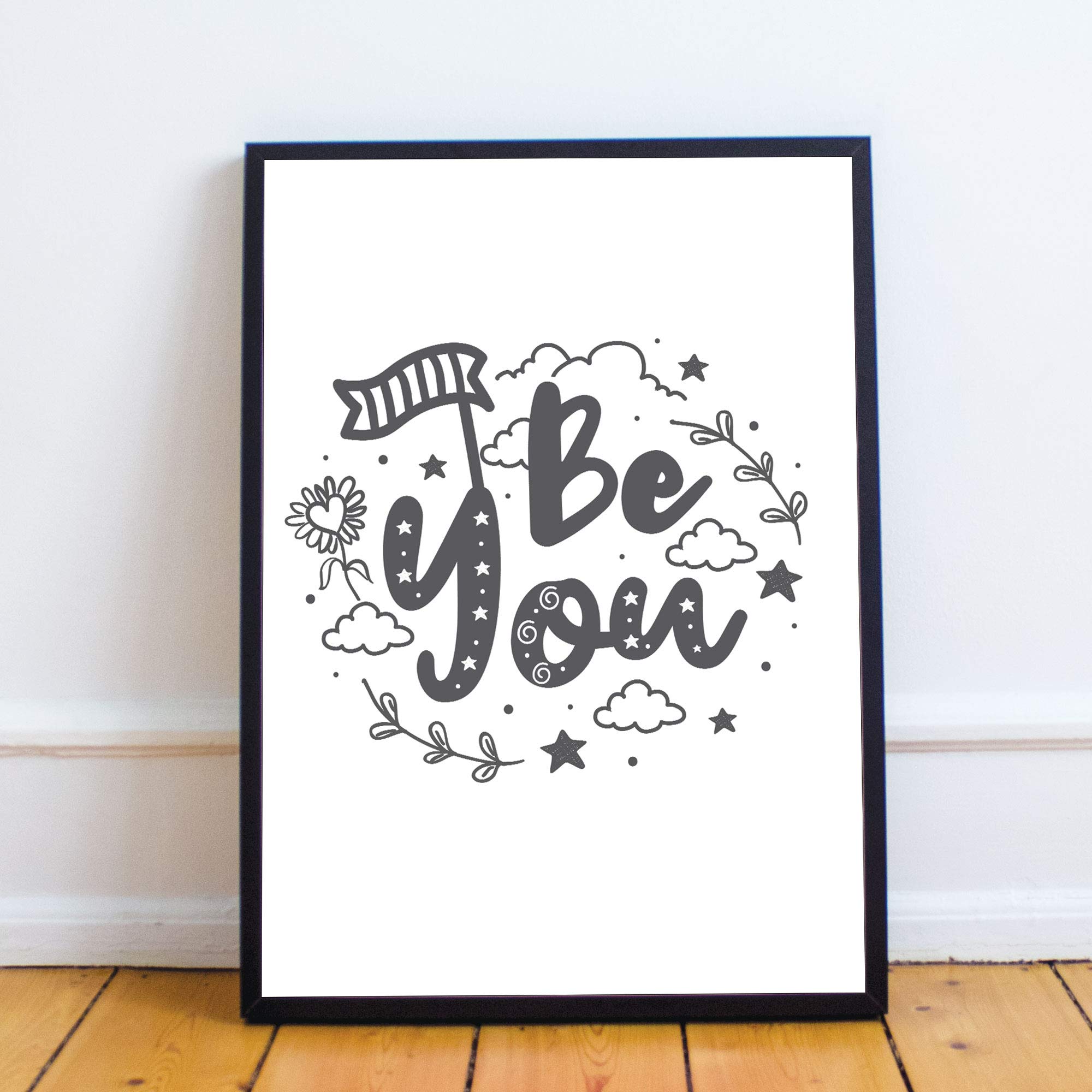 RED OCEAN Cute Boys Bedroom Print Boys Bedroom Wall Art Decor Grey Nursery Print Baby Gift Keepsake (A4 Print with Black Frame - Be You White Grey)