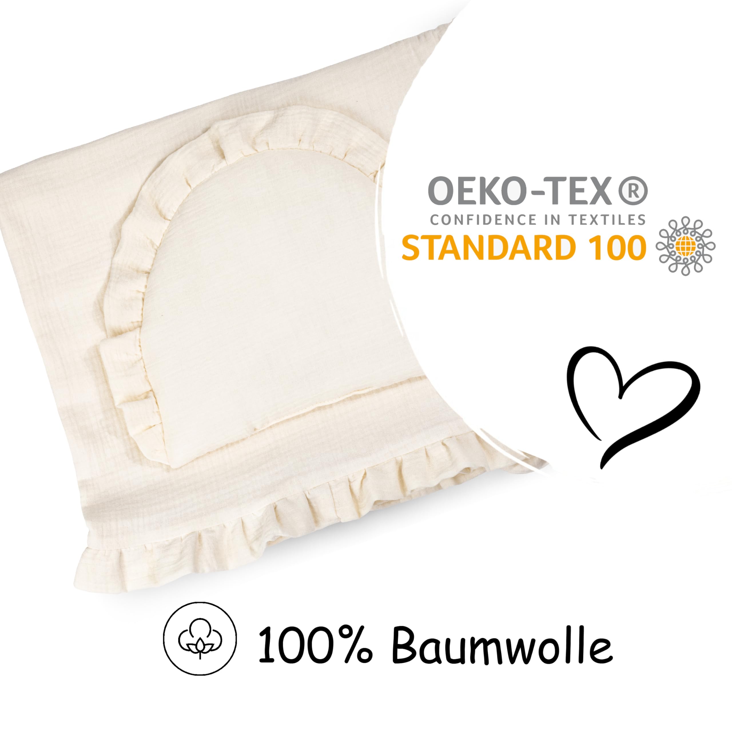 PinkZebra Biancheria da letto in mussola con volant per neonati, set di biancheria da lettino: morbido cuscino piatto + coperta a 4 strati in 100% cotone biologico, coperta morbida, coperta per