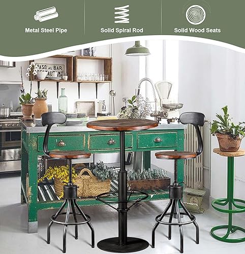 Miniatura 3 de LOKKHAN Juego de 2 taburetes de bar industriales rústicos, de 24 a 30 pulgadas, de metal, ajustables, giratorios, con parte superior de madera,