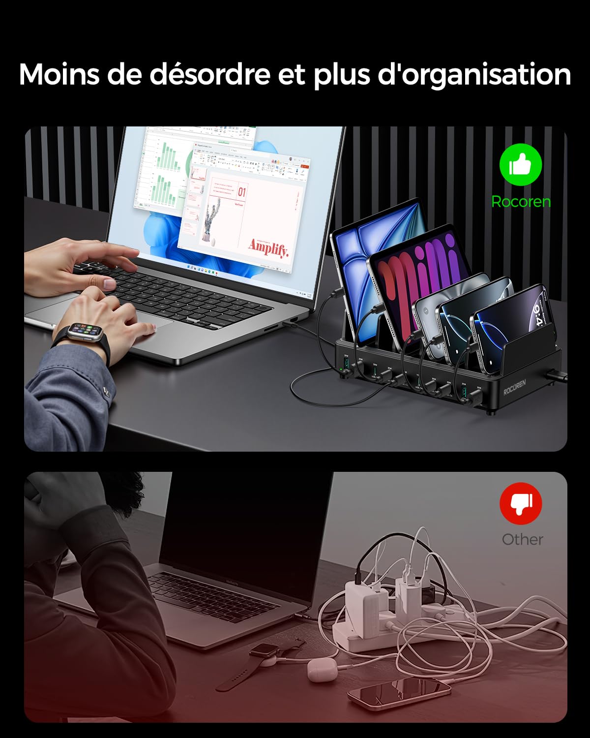 Station de Charge Multi-appareils Rocoren 400W, PD100W Station de Charge USB-C GaN 10 Ports, Chargeur de Bureau avec Charge Rapide, Compatible avec MacBook Pro/Air, iPh0ne et Galaxy
