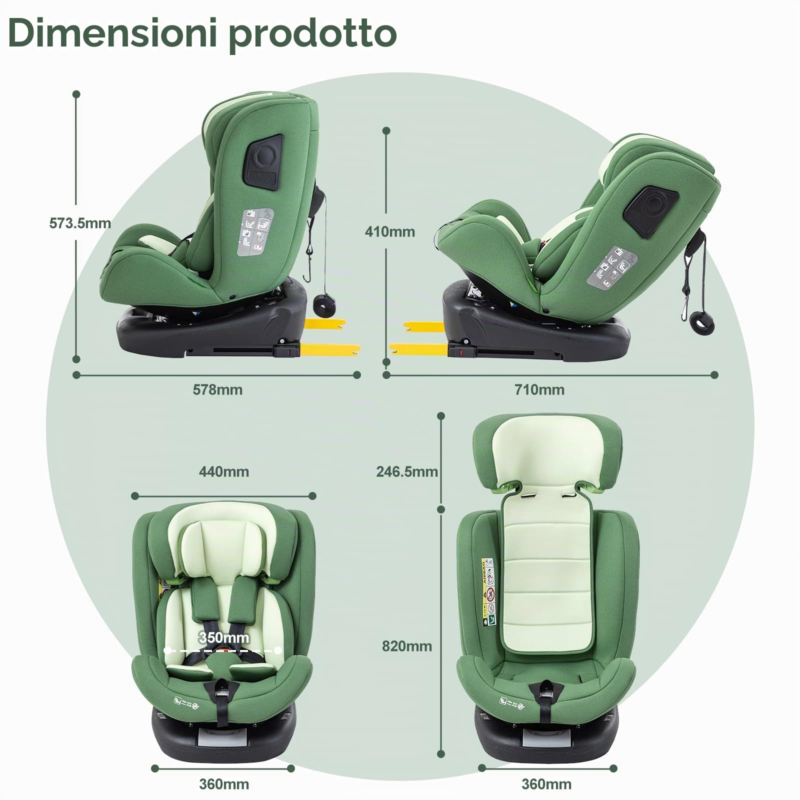 Zkipm Seggiolino auto 0 A 12 Annim, 360° Girevole Seggiolino, ISOFIX + LATCH,Fodera rimovibile e lavabile/Cinture di Sicurezza a 5 Punti/Regolazione Altezza Poggiatesta a 12 Posizioni (0-36 kg)