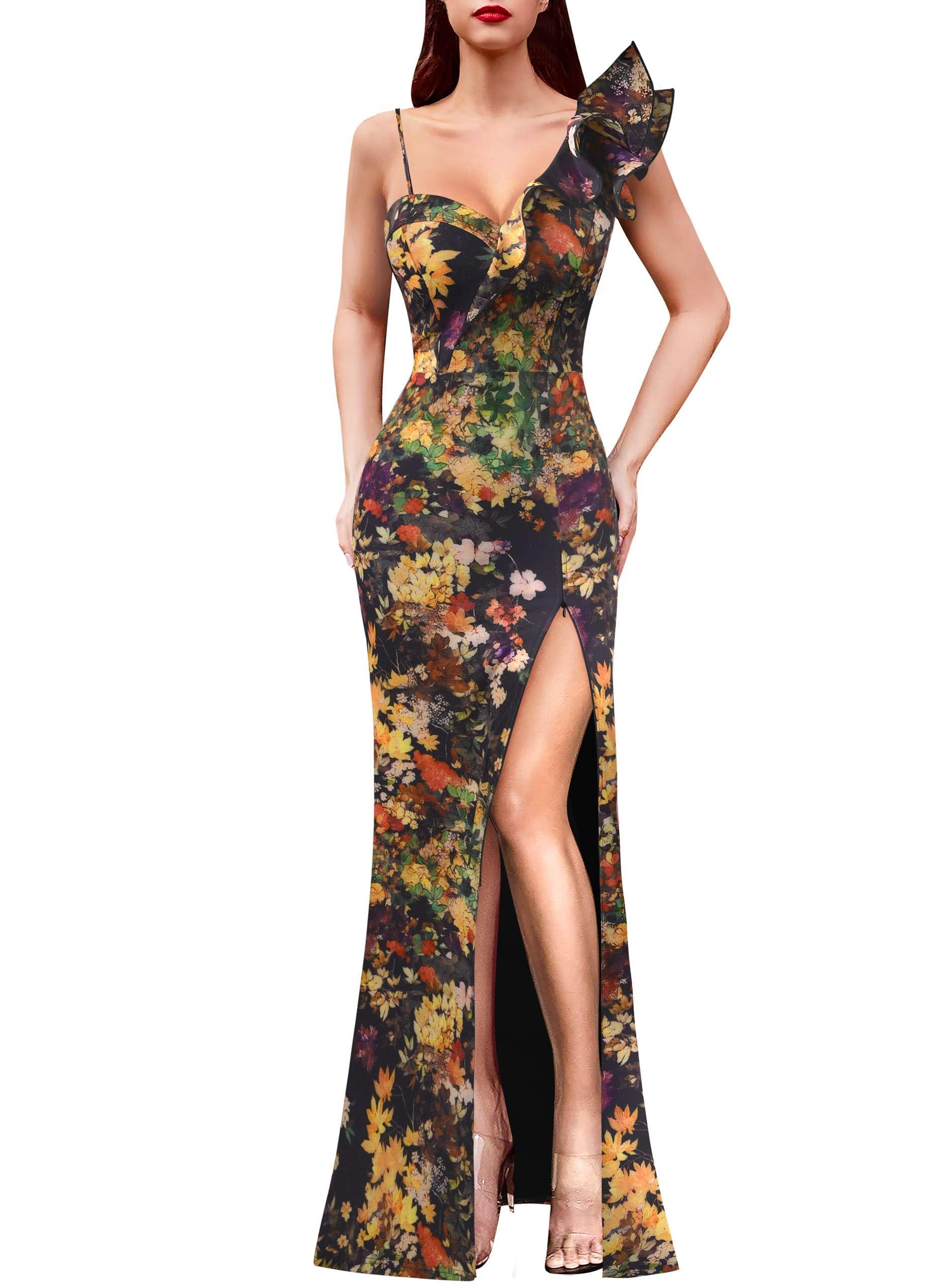 VFSHOW Womens Ruffle One Shoulder Formal Prom Gala Maxi Dress Evening Gown