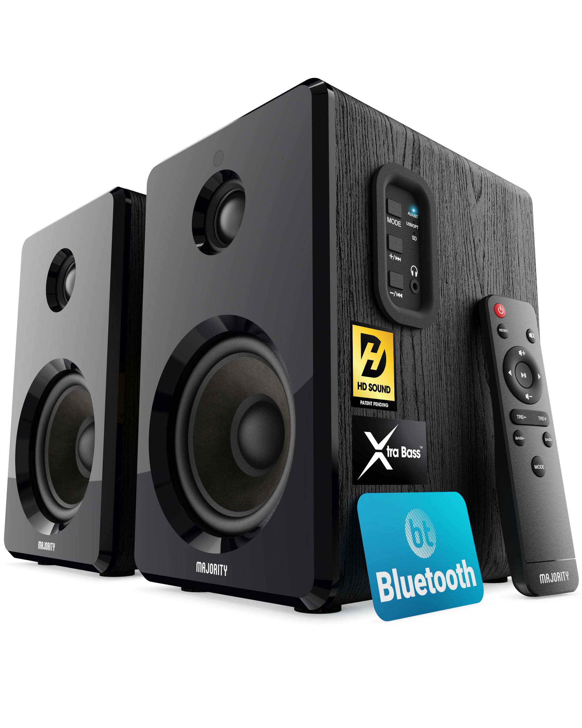 MAJORITY D40 Altavoces Autoamplificados | Bluetooth Monitores de Estudio | 60W 2.0 Estéreo Altavoces Hifi | Activos Altavoz Professional con Entrada Óptica, RCA, USB y AUX | Mando a Distancia Incluido