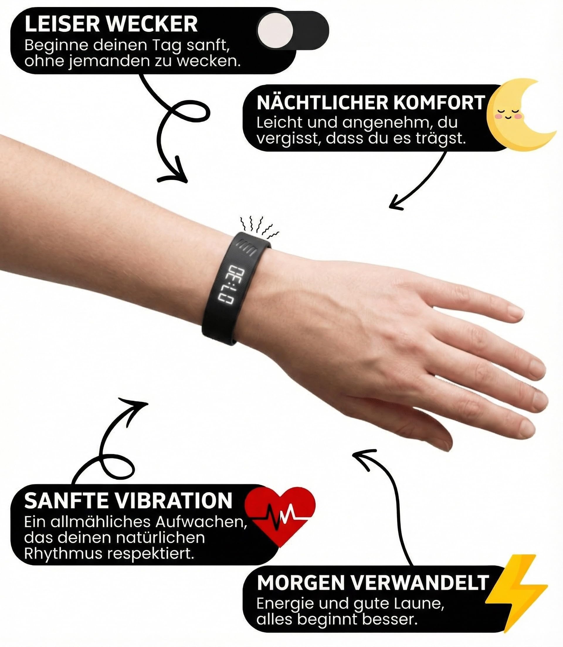 MEIION Belliv SleepWake Pro, Vibrations Wecker Armband für Tiefschläfer, Leises Aufwachen ohne Ton, Schlafphasen Erkennung, Smartes Wecker Armband mit Langer Akkulaufzeit