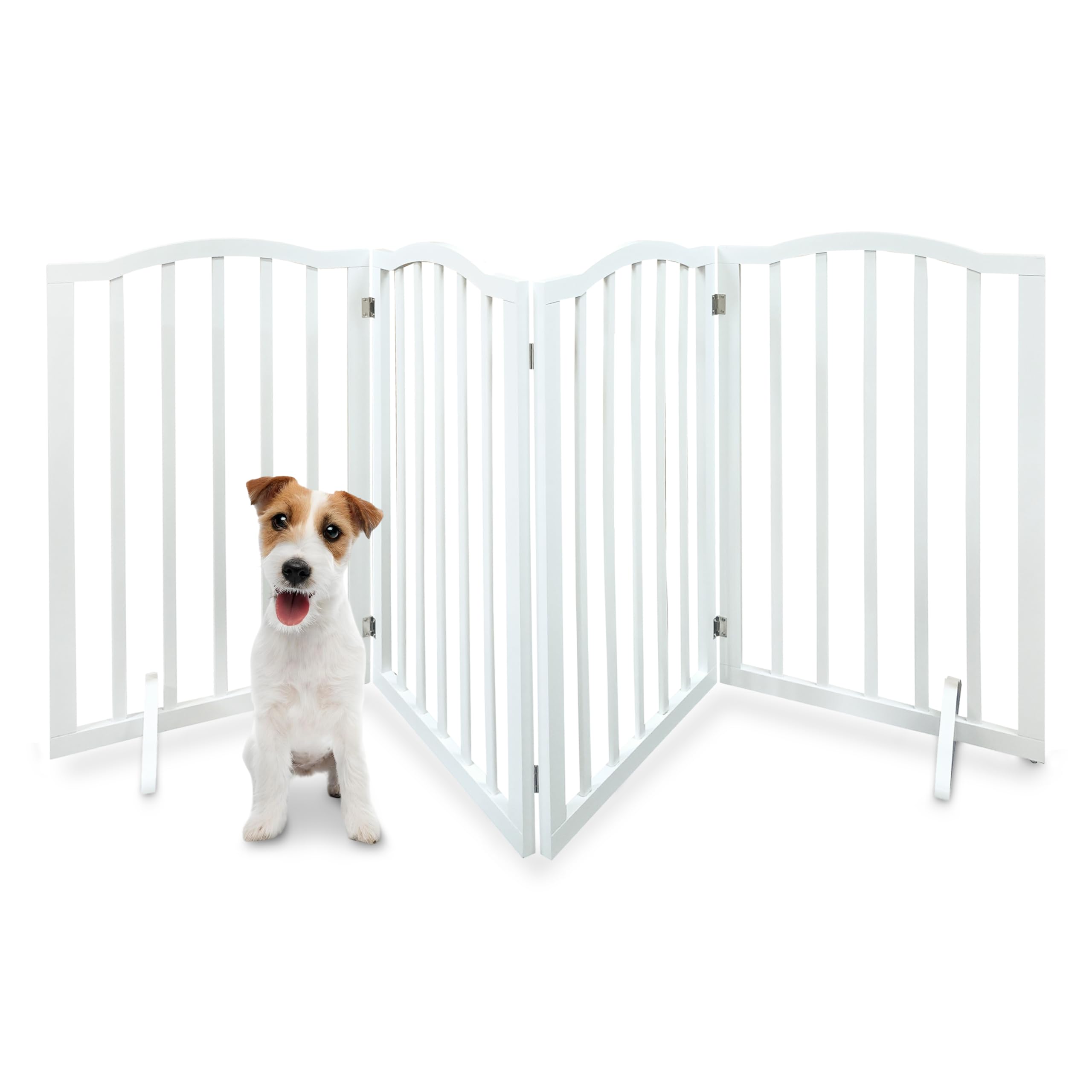 Recinzione di sicurezza pieghevole in legno per animali domestici, griglia autoportante senza fori, 4 pannelli (46-185,5 cm) - MDF bianco, barriera per cani e gatti per porta, corridoio o cucina