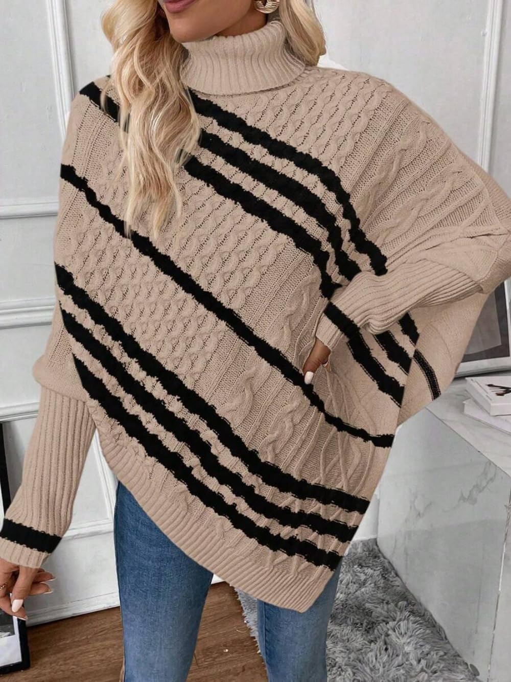 ZAFUL Women's Asymmetrical Turtleneck Poncho Sweaters Drop Shoulder Cable Knit Casual Pullover Sweater - Image 4