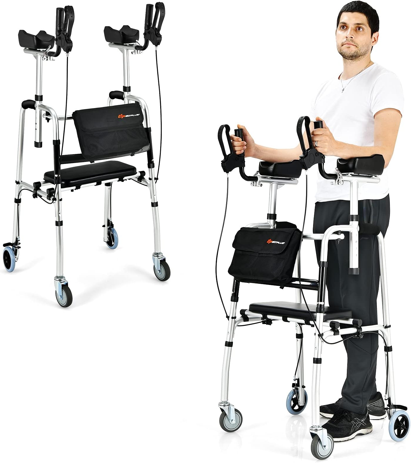 Goplus Upright Walker, Heavy Duty Stand Up Folding Rollator Walker with Seat and Wheels, Padded Armrests Standard Walker, Height Adjustable Rolling Mobility Walking Aid for Seniors and Adults