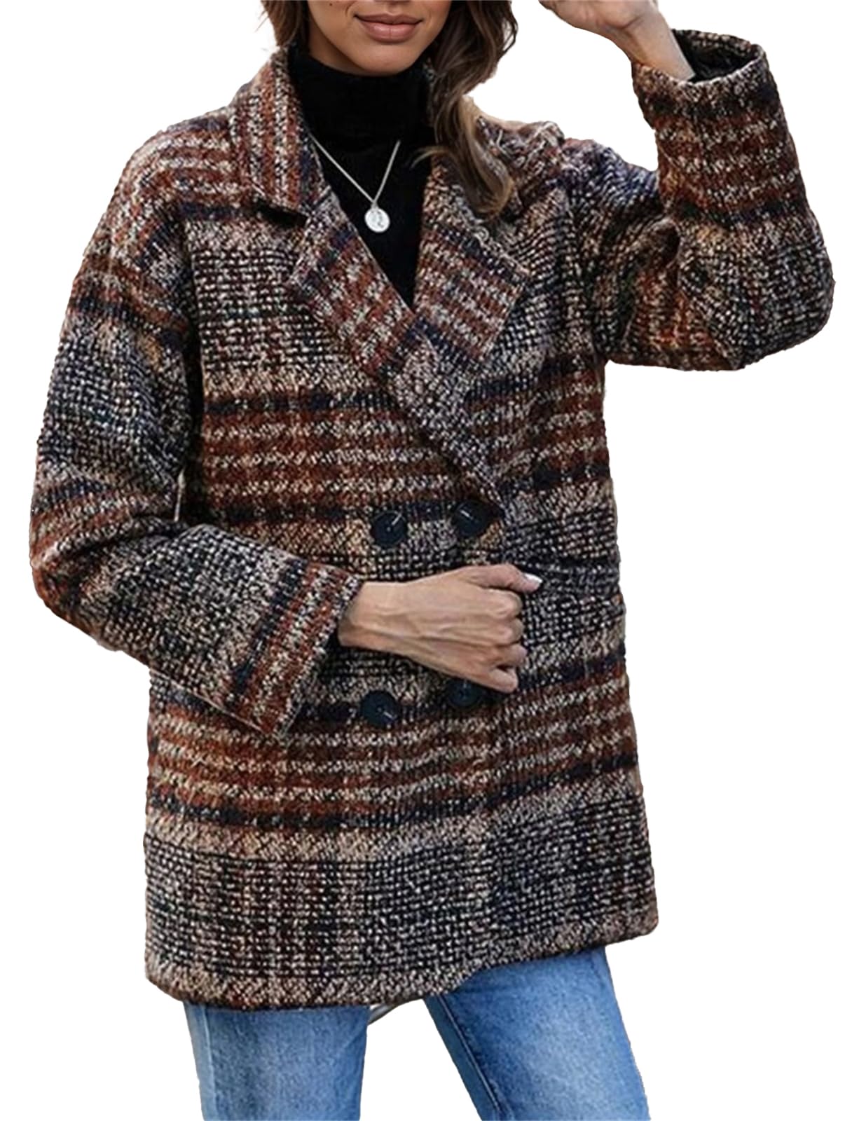 IVERIRMIN Womens Plaid Double Breasted Blazer Pea Coats Tweed Notch Lapel Trench Overcoats Winter Vintage Outerwear Jackets