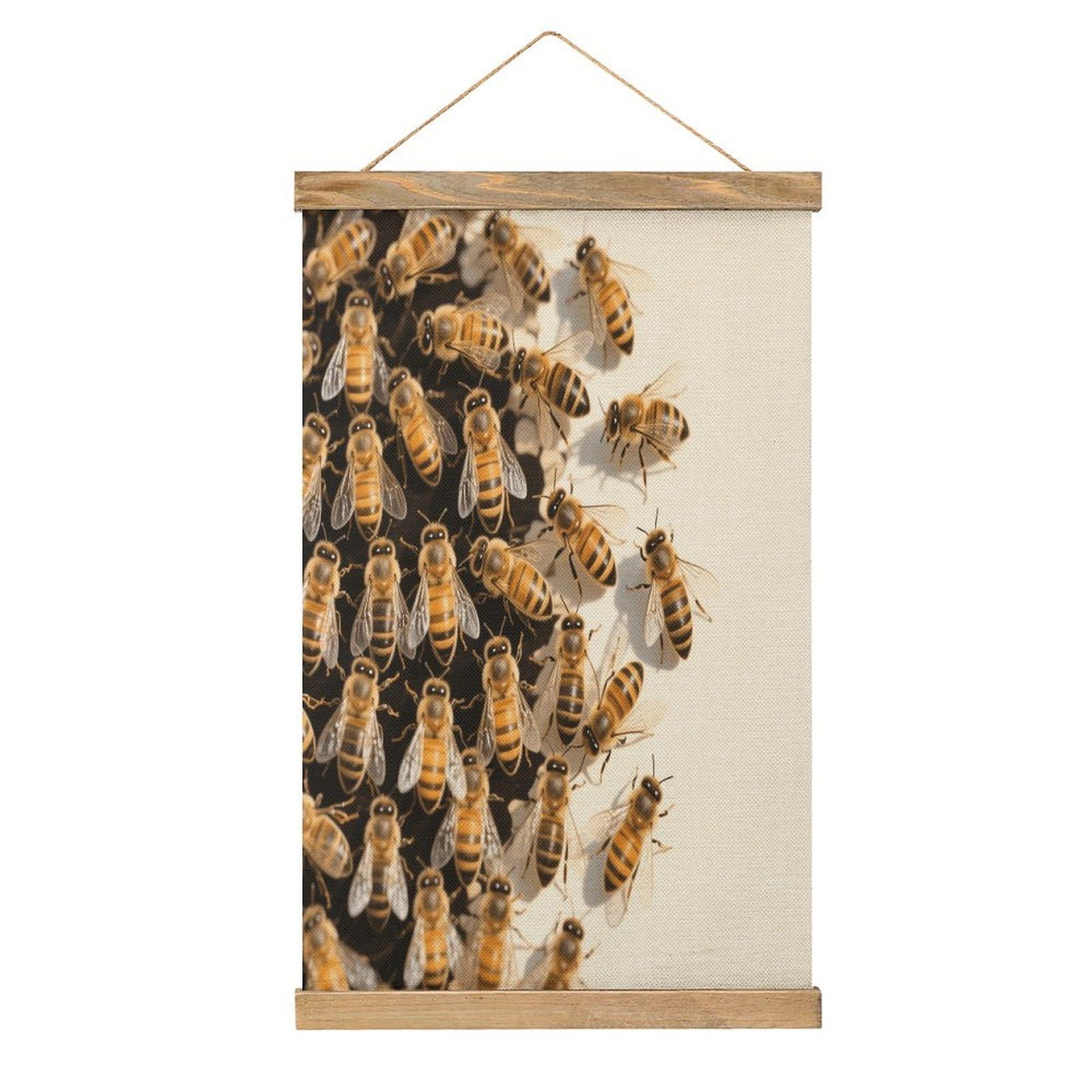 VstaDank Bees Hanging Poster with Wooden Frame Modern Linen Hanging Painting Retro Style Wall Decor Art Painting for Living Room,Bedroom Decor Poster Frame 20.4x13.1inch