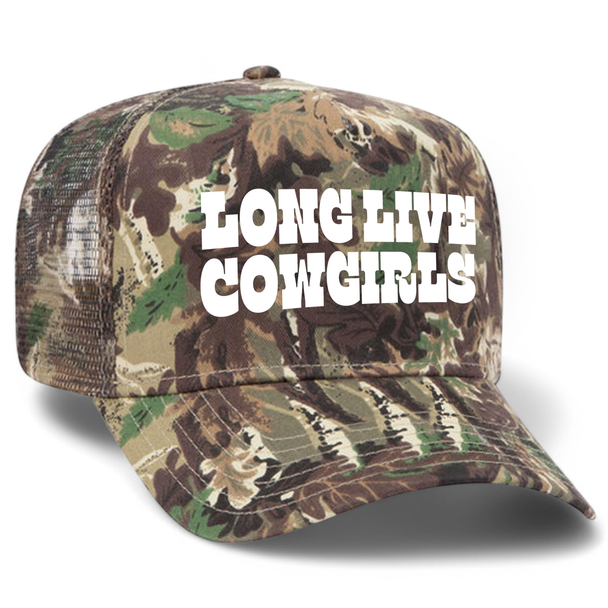 Long Live Cowgirls Camo Mesh Back Trucker Hat | Premium Snapback Baseball Hat for Men & Women