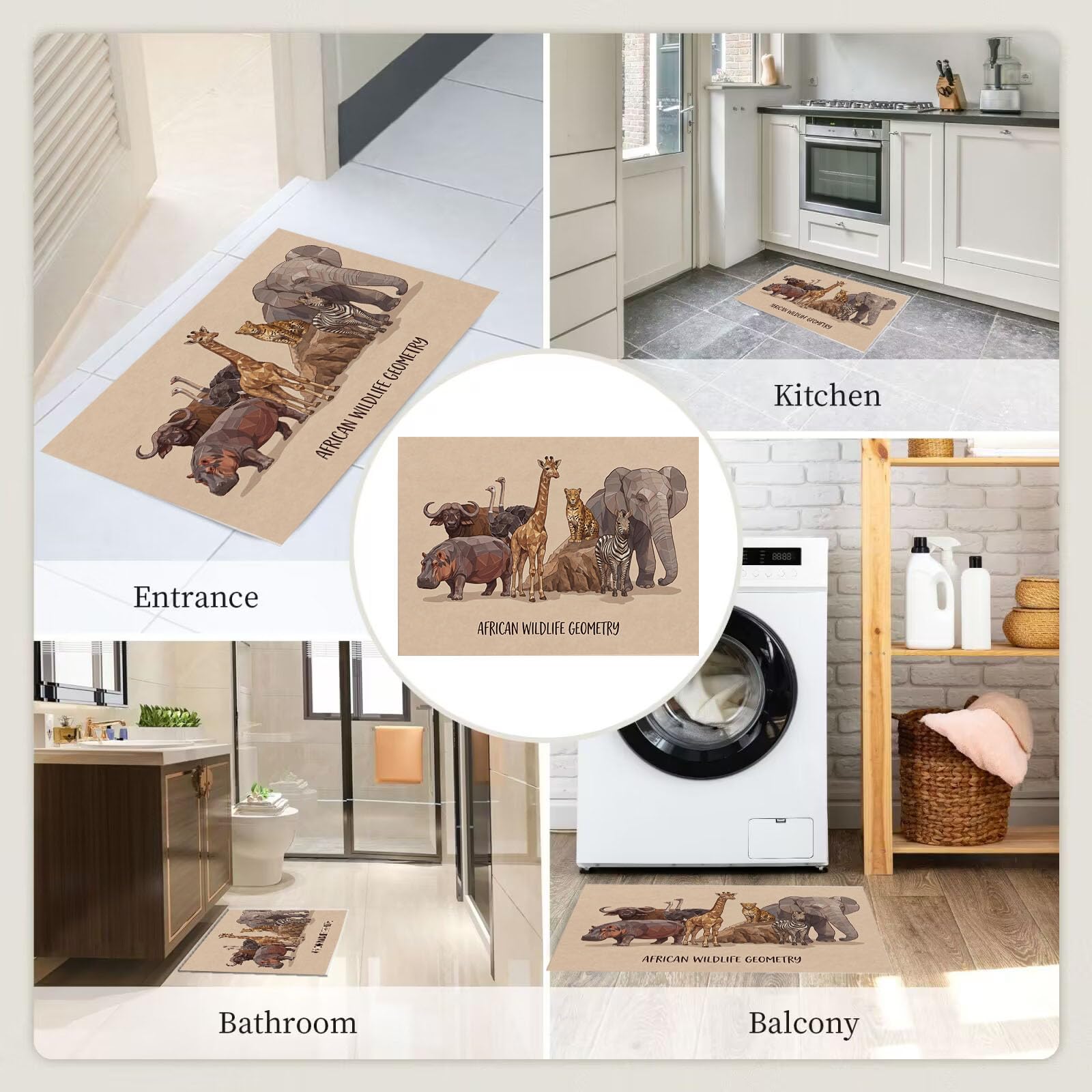Zerbino Ingresso Interno Fauna Selvatica Africana, Zerbino Di Benvenuto Lavabile Morbida Giraffa Elefante, Antiscivolo Tappeto Da Decorazioni Beige Per Casa Porta, 60X90Cm