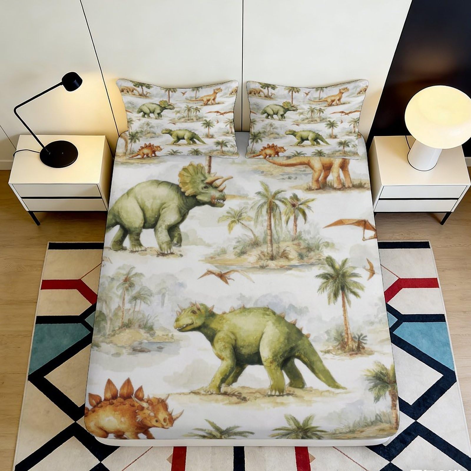 3D Printed Dinosaur Forest Fitted Sheet Microfiber Soft Breathable Prehistoric Jungle Bed Cover for Bedroom Dorm Decor 90x200x25cm