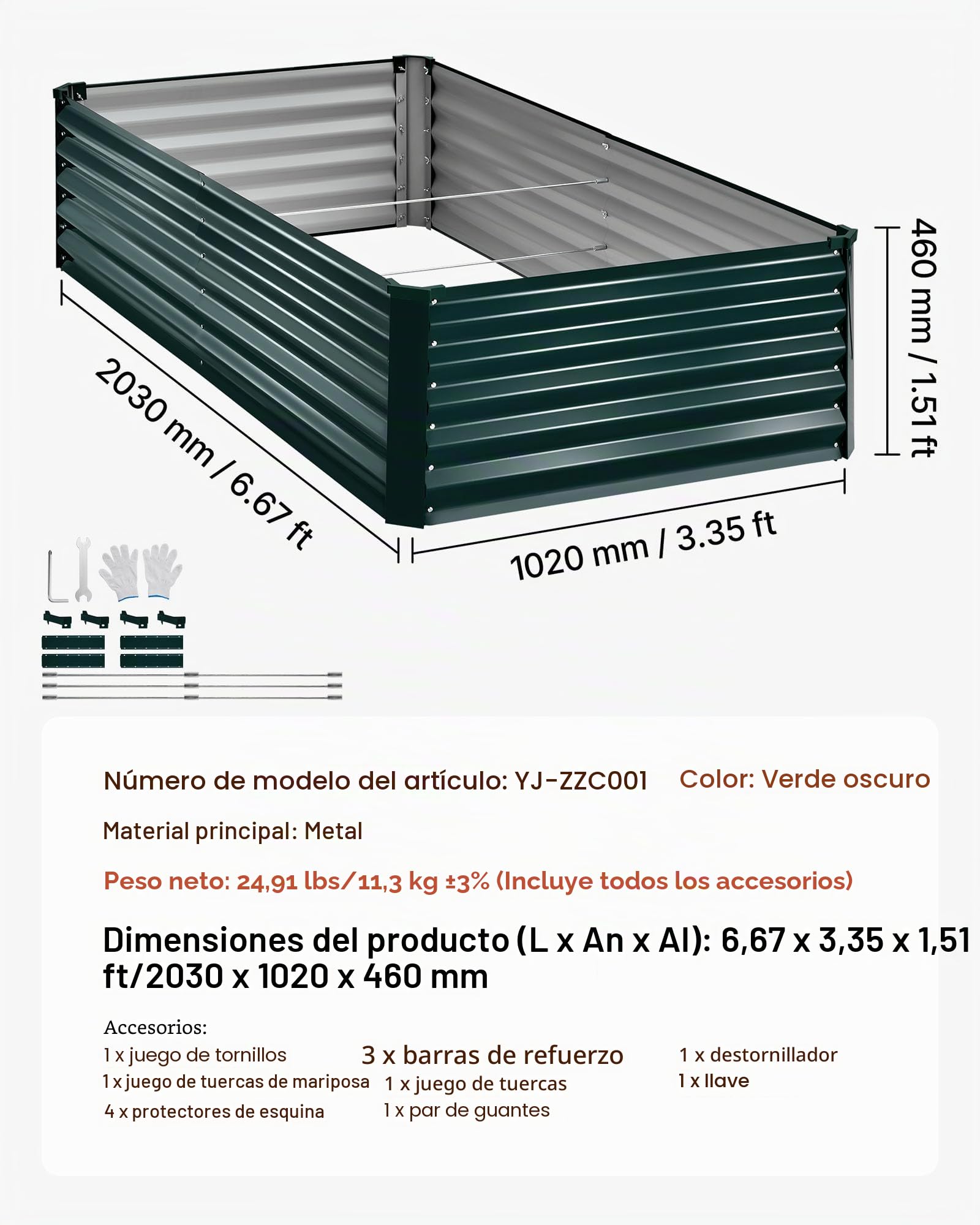 VEVOR Cama Elevada de Jardín 203 x 102 x 46 cm Rectangular, Arriate de Jardín de Metal con Fondo Abierto, para Cultivo de Flores Plantas Verduras con Accesorios para Patio Balcón, Verde Oscuro