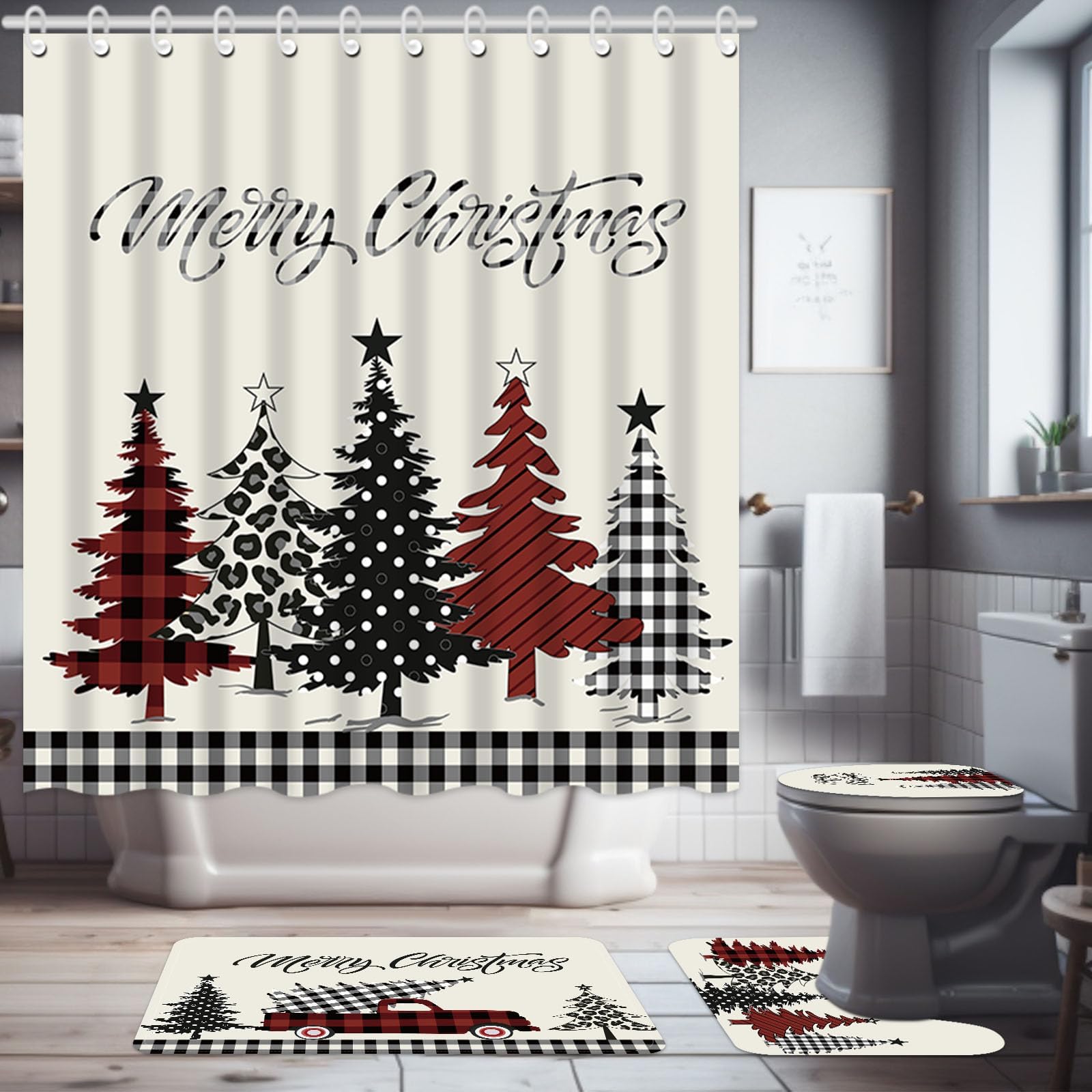 Christmas Shower Curtain 72 x 72 Inch Buffalo Check Plaid