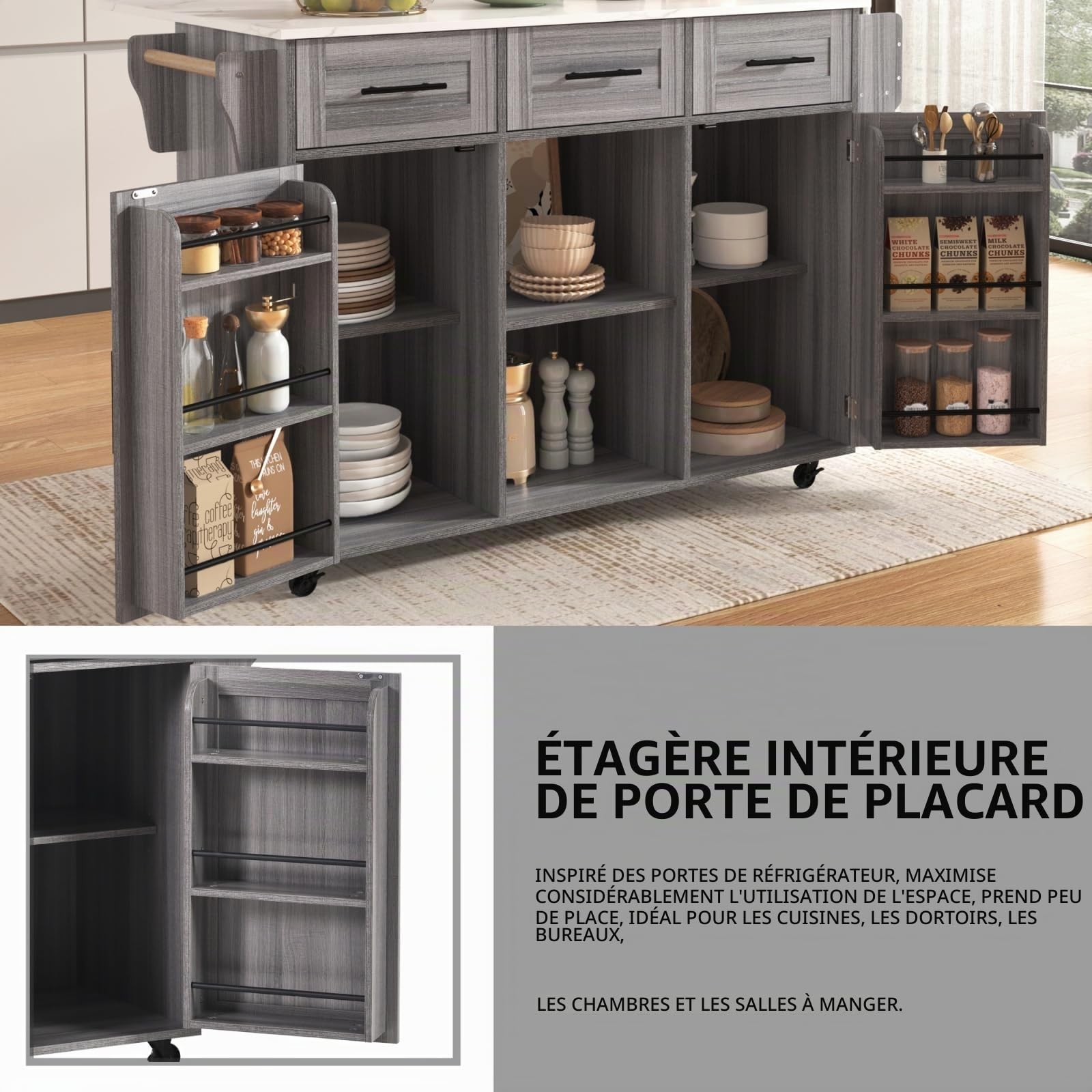 YEHTOKHOME Îlot Central Cuisine avec Plan Rabattable, Desserte de Cuisine à roulettes, Buffet Salle a Manger avec 2 Portes et 2 Tiroirs, Étagère à Épices,Porte-Serviettes (Gris)