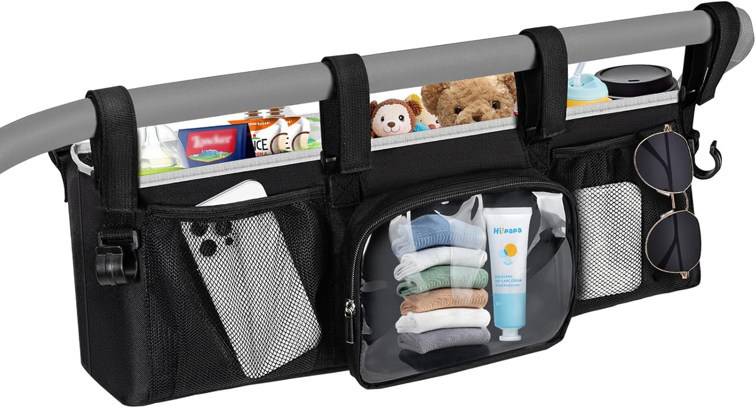 Double Stroller Organizer for Bob Duallie Jogger City Mini GT2 and Jeep, Double Baby Stroller Caddy Accessories with 2 Cooler Pockets, Heavy Duty Parent Double Jogging Stroller Organizer (Empty Bag)