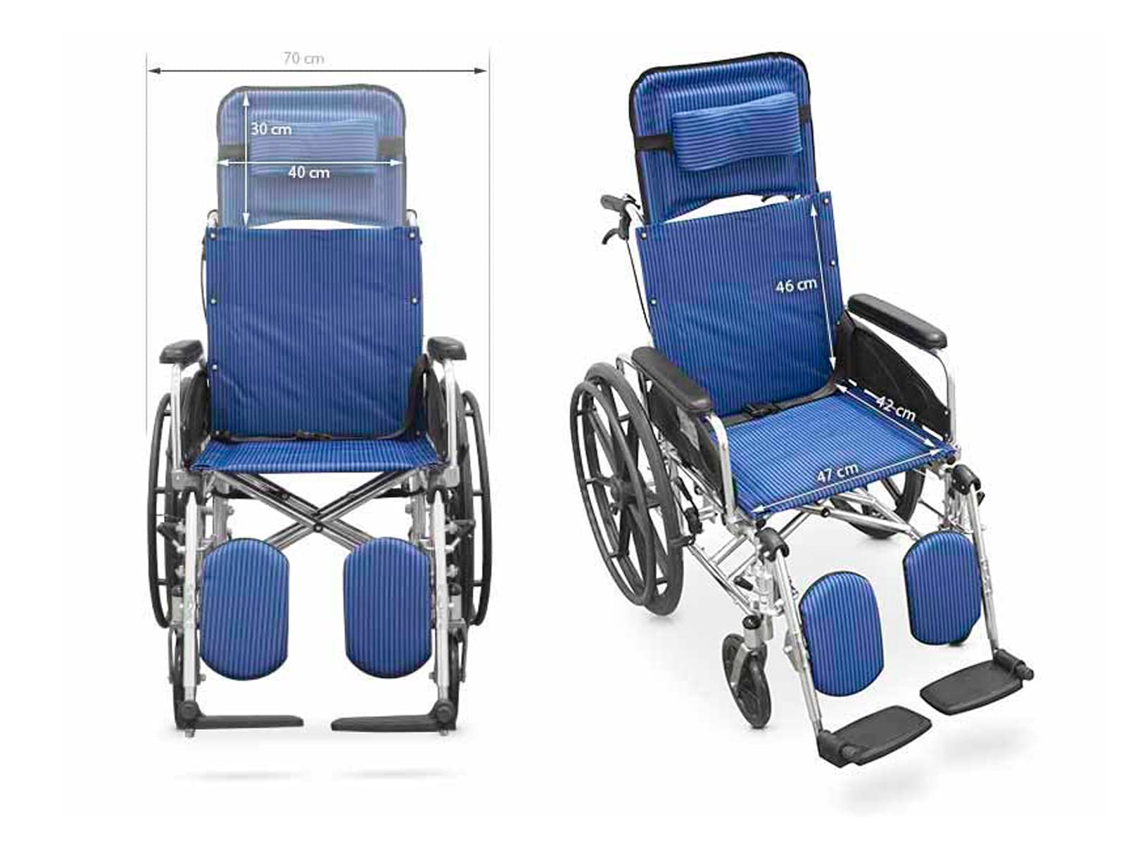 QUIRUMED Silla de ruedas de aluminio con reposacabezas y reposapiés elevable, Plegable, Ligera, Para minusválidos, Para personas mayores, Color azul, Cabezal extraíble, Antivuelco