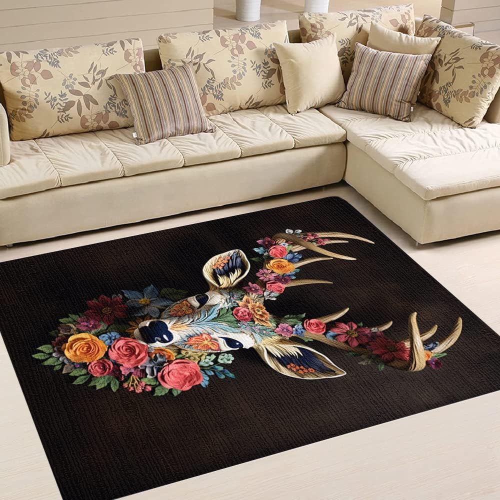 Customized Deer Rug - Deer Rugs Living Room - Deer Head Rug, Deer Hunting Area Rug Non-slip, Deer and Flower Rug for Bedroom Decor, Vintage Deer Rug, Deer Bathroom Rugs Whitetail Deer Area Rugs