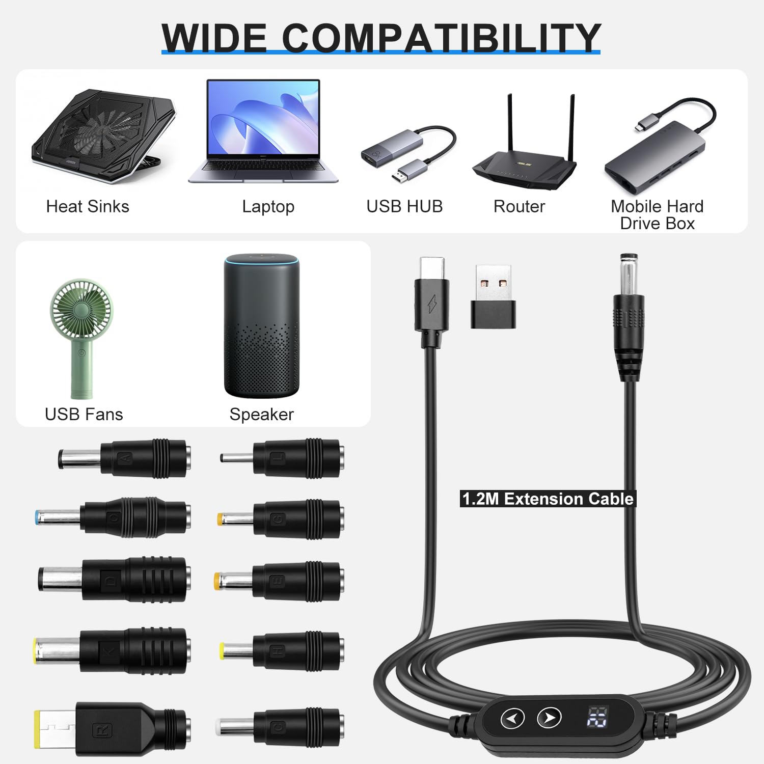 Cavo adattatore PD USB a DC 5V 9V 12V 15V 20V tensione regolabile USB-C 5,5x2,1mm 10 connettori DC tipo C per laptop router