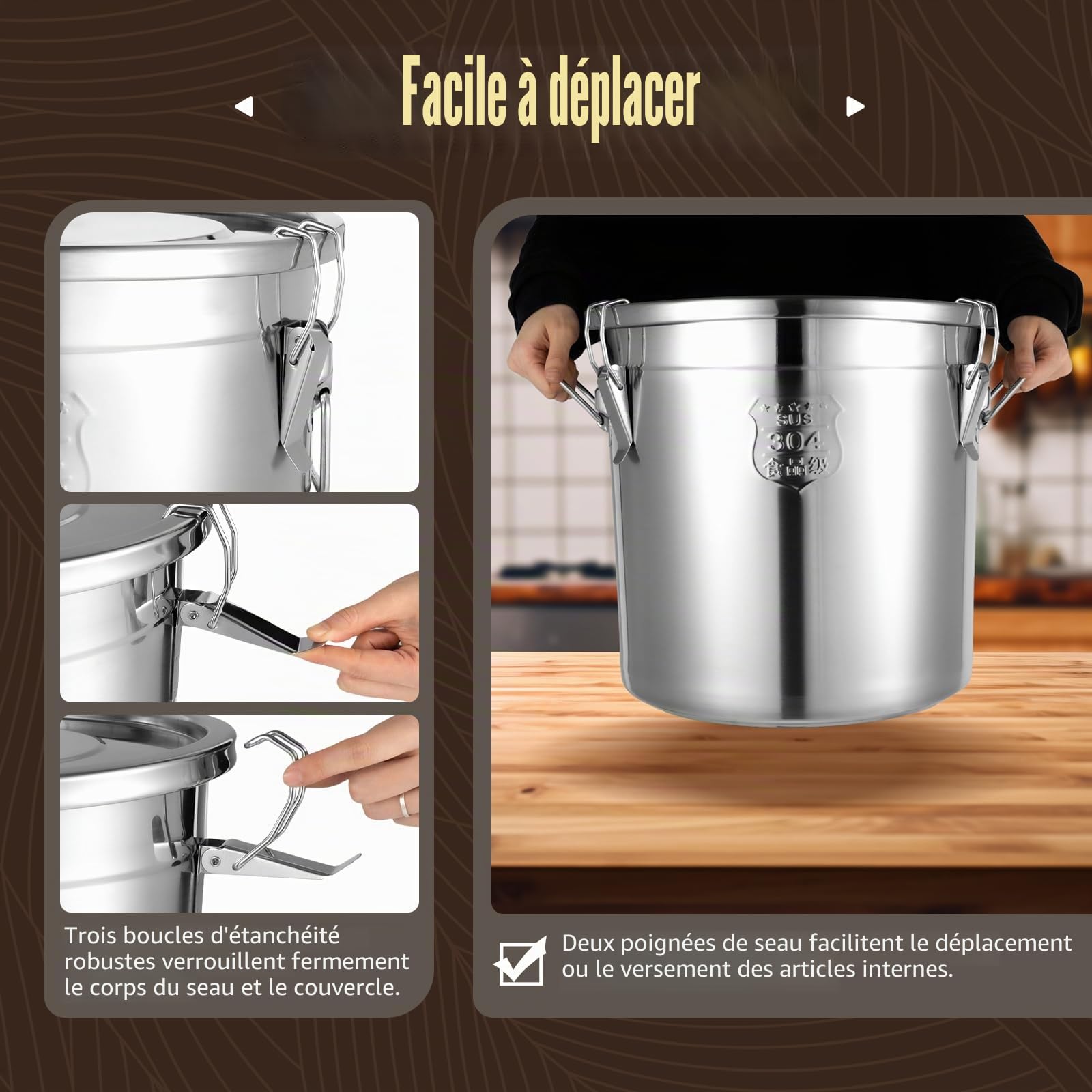 MINRS Seau de 33 l avec couvercle - Bidon hermétique - En acier inoxydable - Pour la cuisine - Avec couvercle et pince de verrouillage