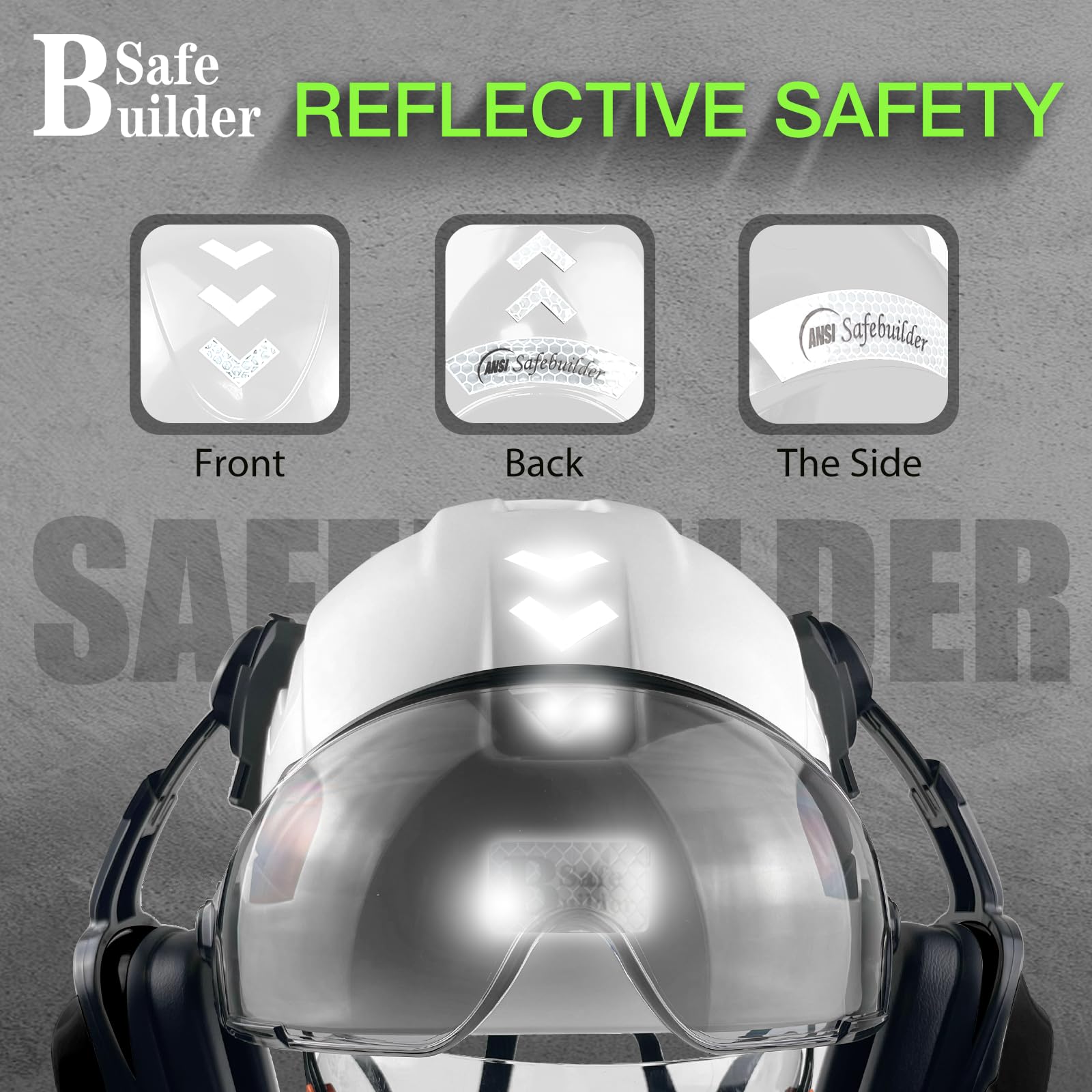 SAFEBUILDER Bauschutzhelm mit Visieren, klare und getönte Ohrenschützer, Gehörschutz, Industrie, Arbeit, Schutzhelm für Ingenieure (weißer Helm mit klarem und getöntem Visier und Ohrenschützern)