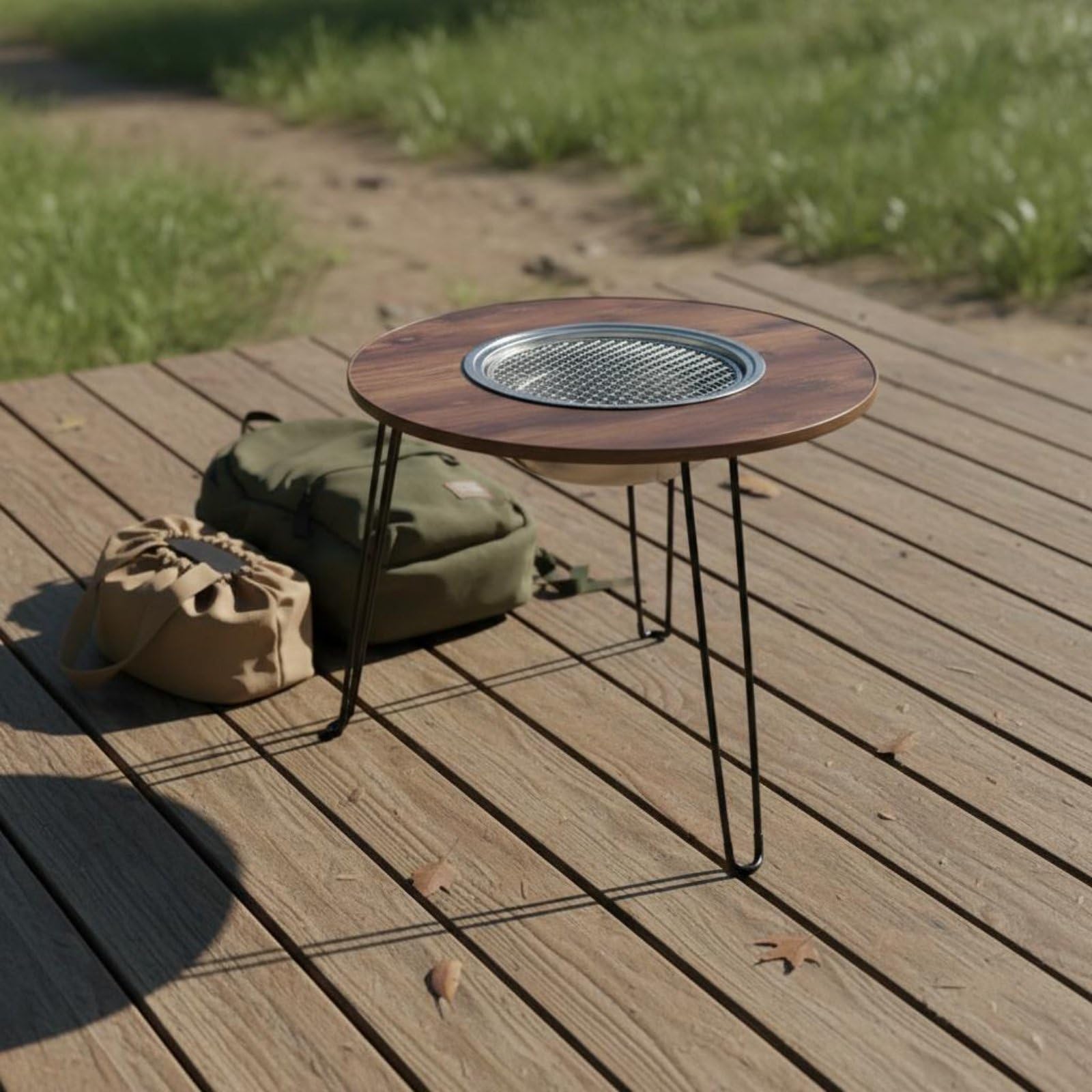 Tavolo da Campeggio Pieghevole con Braciere Integrato Tavolo Barbecue Tavolo da Picnic Tavolo da Esterno per Cottura E Tè Telaio Leggero E Stabile in, Legno