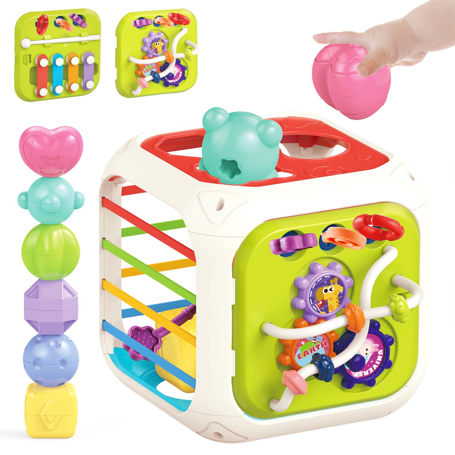 7 in1 Sensory Development Multifunctional Sensory Teething Toys for 2 Year Old Boy Girl,Shape Sorter Pull String Travel Car Toys for 18 Month