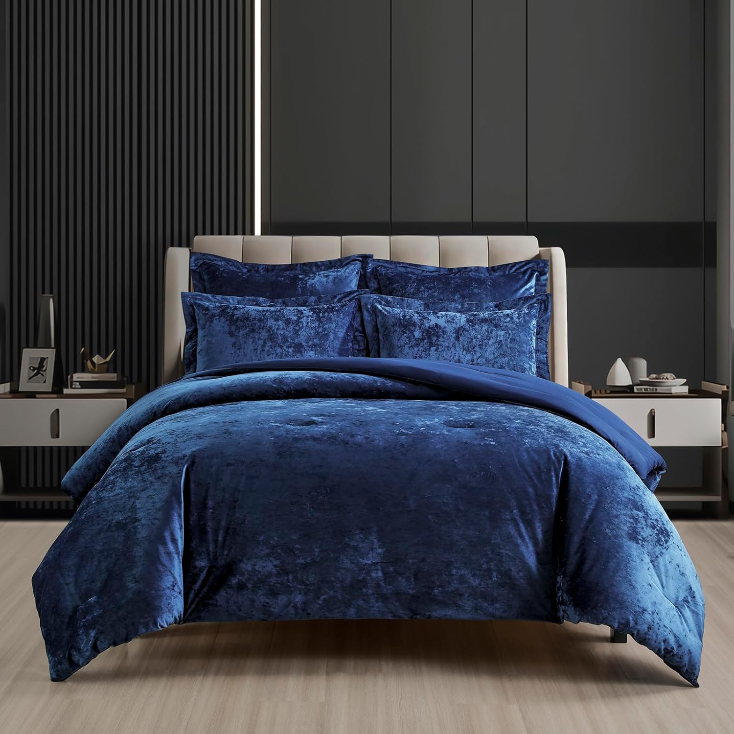 Fredsure Distressed Velvet Comforter Set, 5 Pieces Navy King, Distressed Velvet Face and Brushed Microfiber Reverse King Navy
