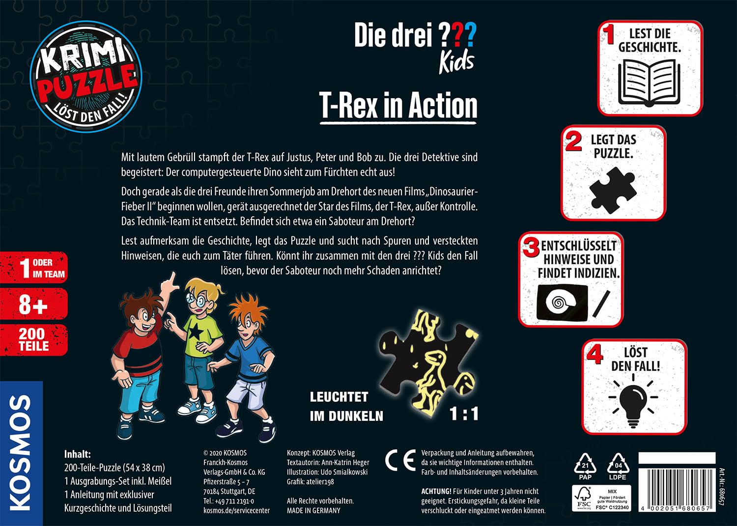 Die drei ??? Kids - Krimi Puzzle - T-Rex in Action von KOSMOS 680657, 200 Teile, Leuchtet im Dunkeln, Lesen, Puzzeln, Rätsel lösen… – Ansicht 2