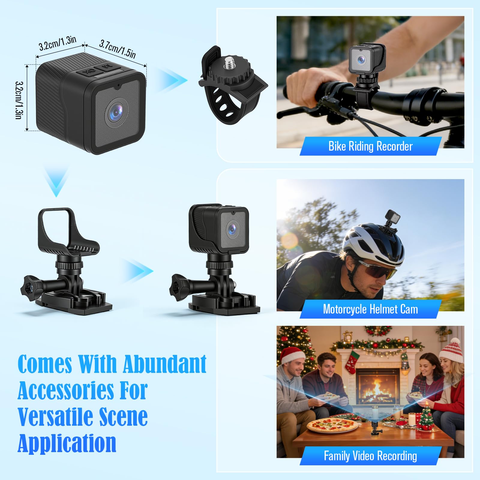 Mini Action Cam,WiFi 1080P HD & 120° Wide Angle Helmet Camera, versione migliorata Dashcam bicicletta con scheda di memoria da 64 GB