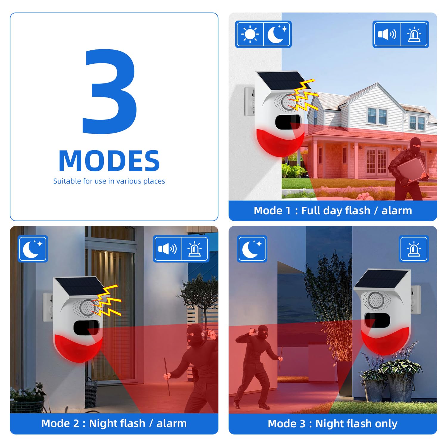 Détecteur de mouvement solaire WiFi extérieur, contrôle par application, sirène de sécurité sonore 120 dB, étanche IP65, avec lumière stroboscopique pour la maison, la ferme, la grange, la villa, la