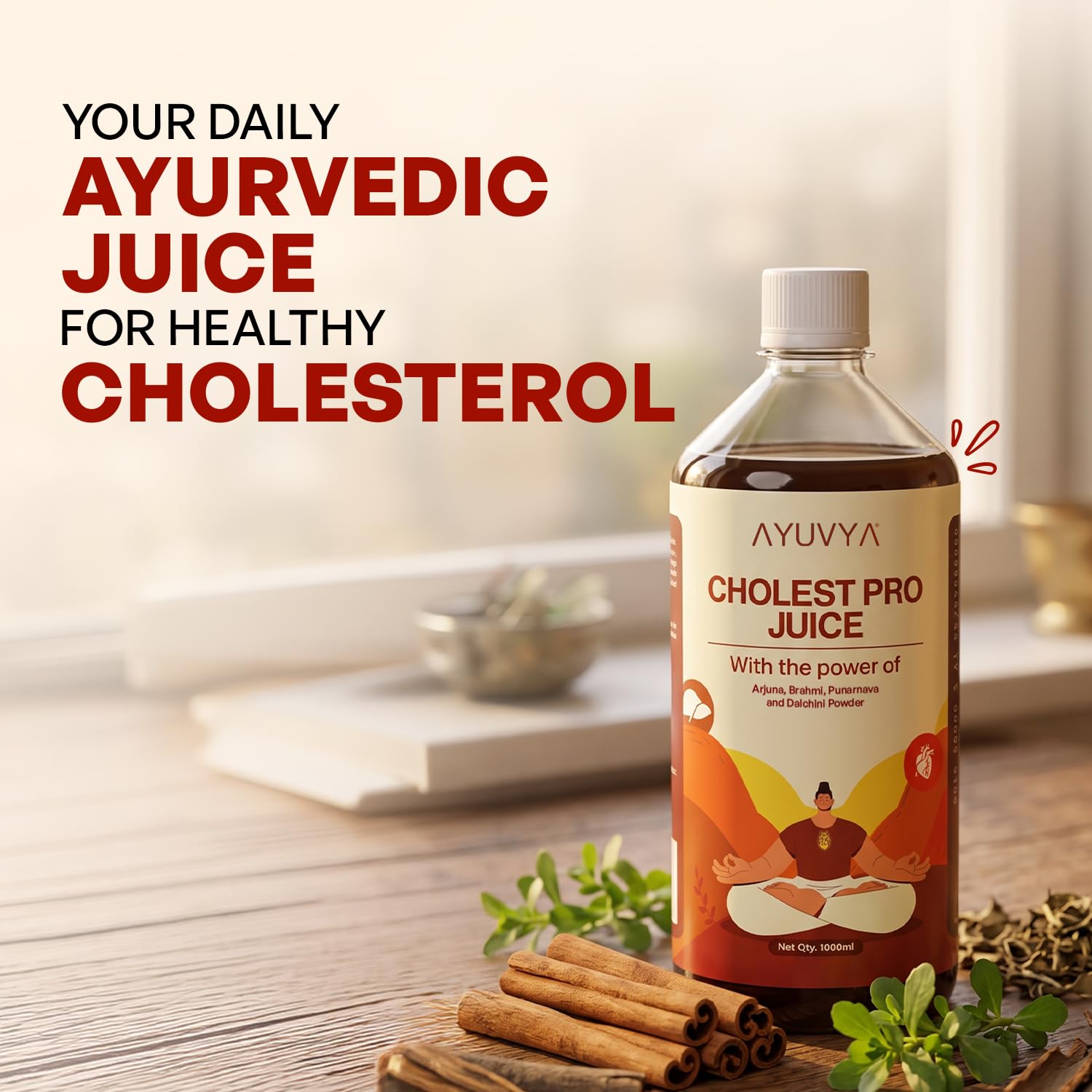 Ayuvya Cholest Pro | Cholesterol Care Juice | Contains Arjuna, Amla, Punarnava & Brahmi | Supports Heart & Artery Health Naturally | Helps to maintain Healthy Blood Pressure & Circulation | 1000 ml 1