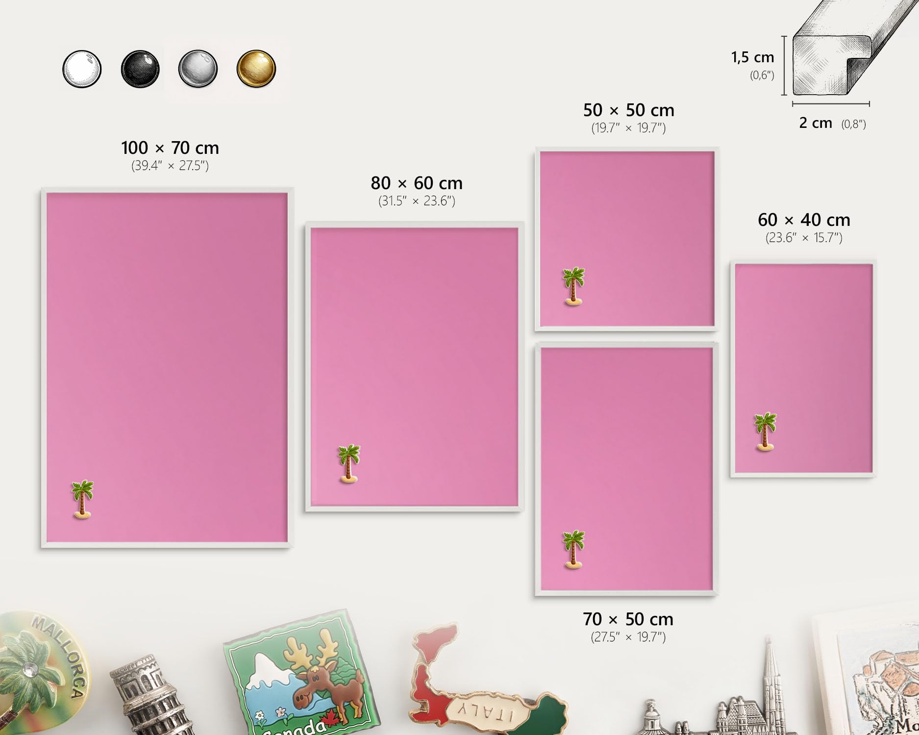 Panel Magnético Creativo 60x40 cm | con Marco Blanco | Rosa Frío | Montaje Fácil | Pizarra de Pared Escolar | Para Letras Magnéticas, Números, Notas de Estudio y Calendario