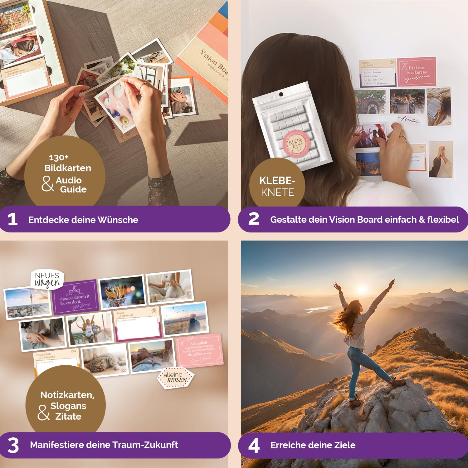wunschzeit® Premium Vision Board Set | All-in-One Kit mit 162 Karten, 32-Seiten Workbook & XL-Poster | Klarheit, Träume manifestieren & Ziele erreichen | Inspirierendes Geschenk für Frauen