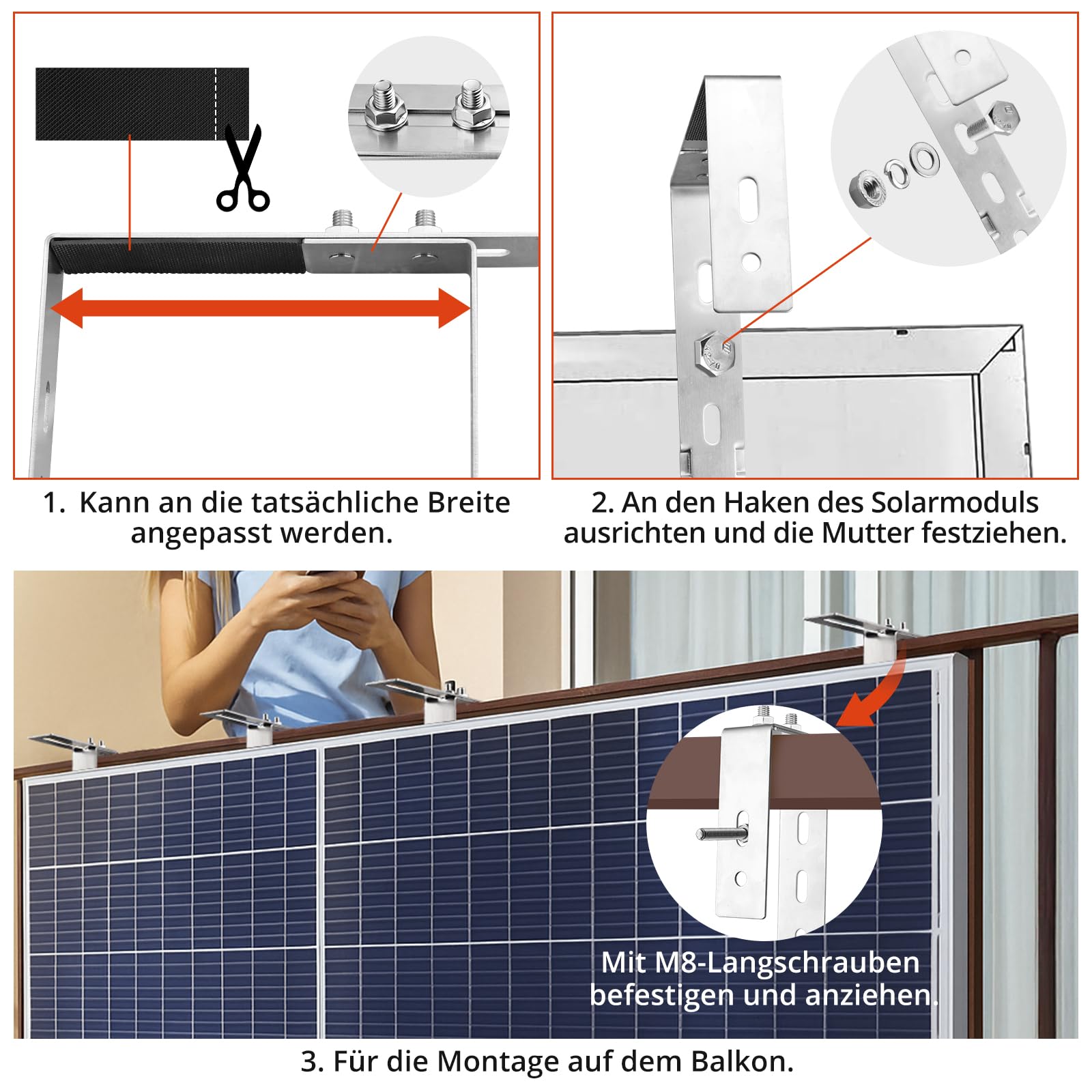 GETLITOOL 4×Solar Balkonkraftwerk Halterung 65-190MM Verstellbare Balkonhalterung für Solarmodule, Edelstahl 304 Balkon Haken Set, Solarpanel Halterung Kein Bohren zur Runde Eckig Balkongelände