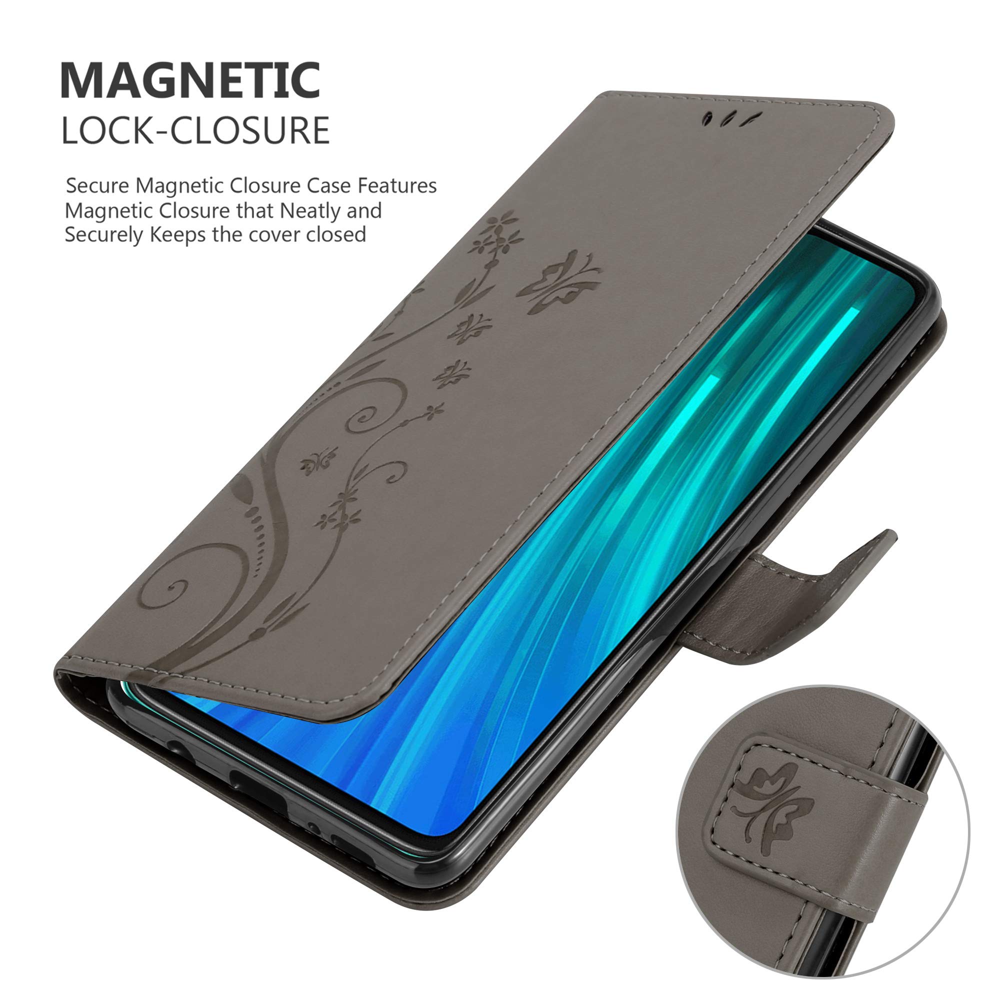 Cadorabo Custodia Libro Per Xiaomi Redmi Note 8 Pro – Grigio Fiore Con Chiusura Magnetica, Funzione Stand E 3 Vani Carte – Portafoglio Wallet