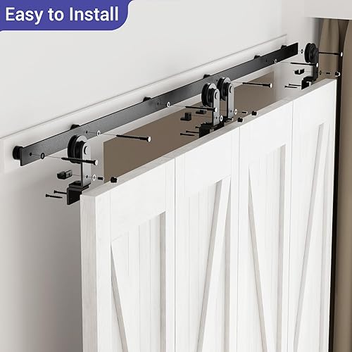 Miniatura 6 de Kit de herrajes para puerta corrediza de granero de 80 pulgadas para 4 puertas, se desliza suavemente silenciosamente, rodillo negro de montaje