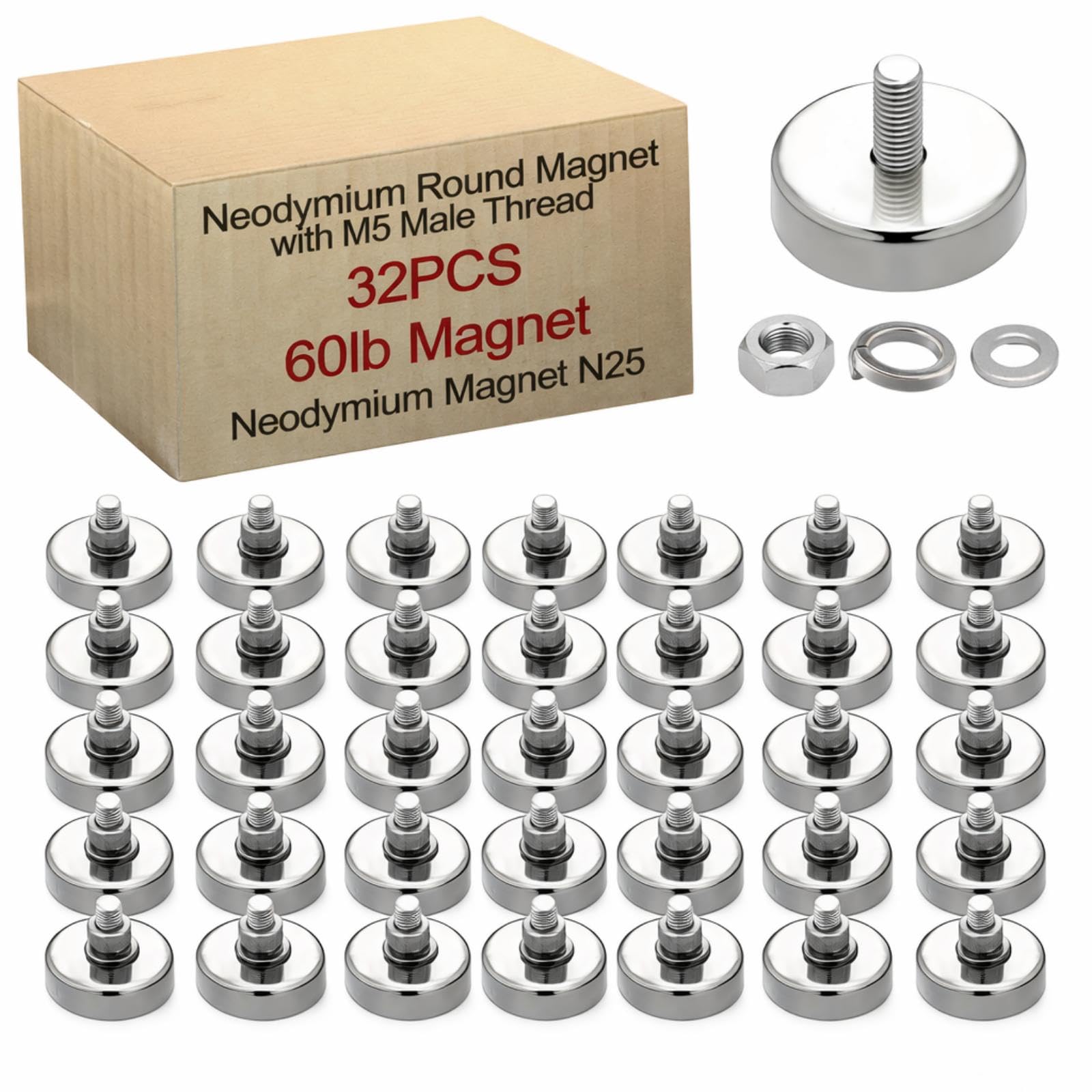 Flutesan 32 Pieces Heavy Duty Round Mounting Magnet with Bolt 1.42in-120lb-M6 Silver with Male Thread Stud Strong Magnet Super Powerful for Lighting Camera Brackets License Plate — Amazon image 8