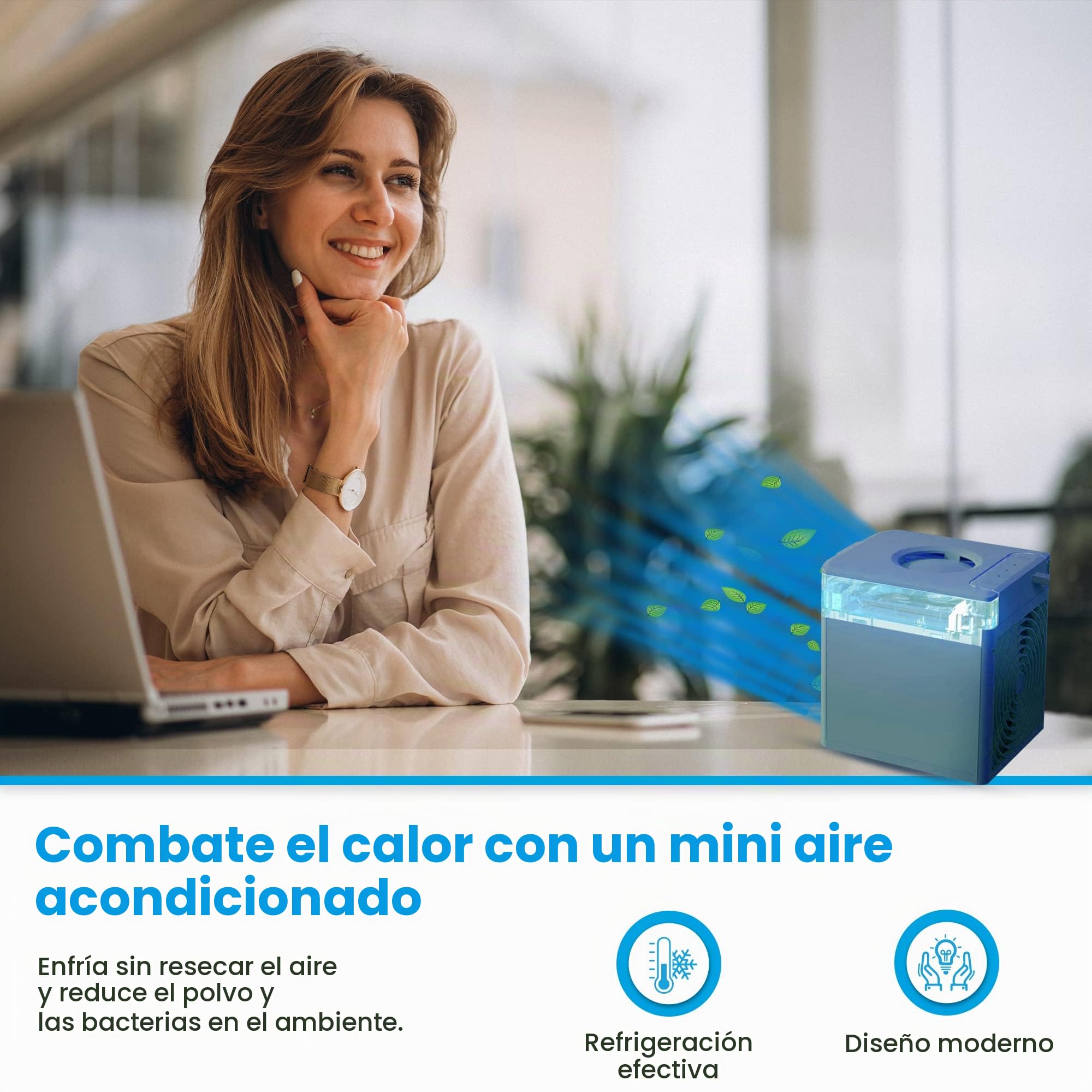 Nexfan EVO PRO Aire Acondicionado Portátil Mini 3 en 1 Aire Acondicionado USB Enfriador de Aire y Humidificador 3 Velocidades Ajustables, Luces LED Ventilador para Hogar y Oficina, Azul
