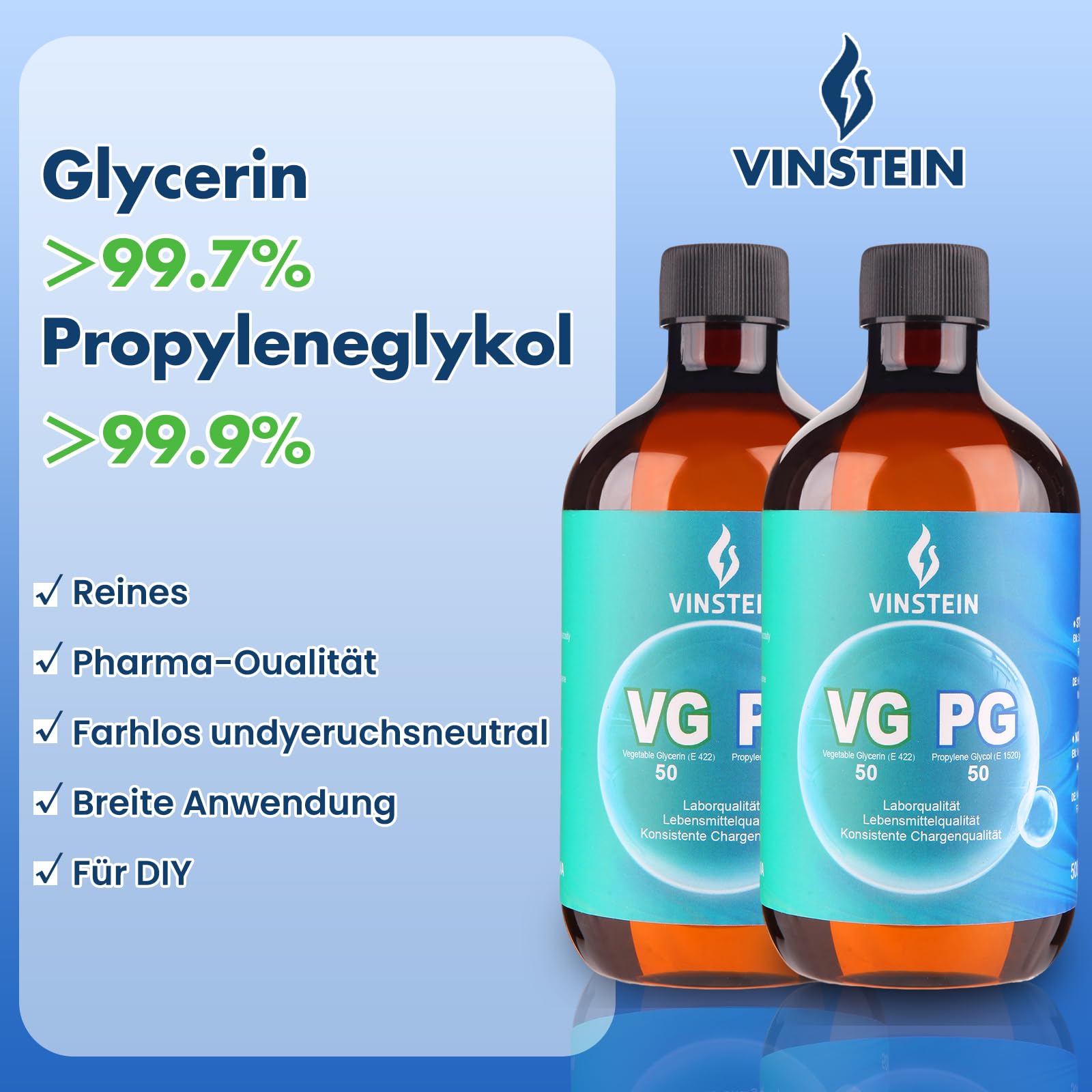 VG PG 50/50 2×500ml – Laborreinheit VG 99,7% E422 & PG 99,9% E1520, VG Glycerin & Propylenglykol, Vegan, hochrein & geruchsneutral, Hohe Reinheit