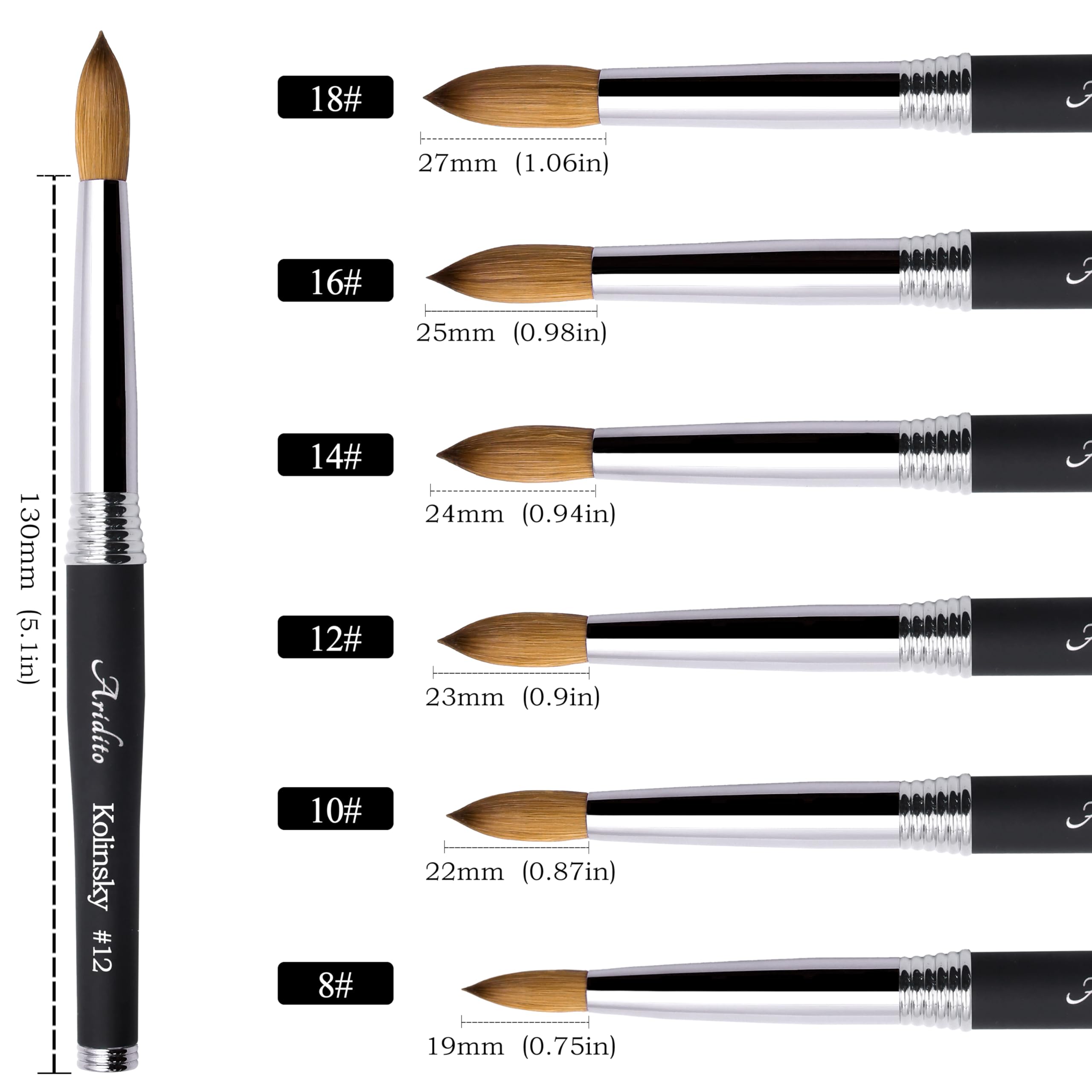 Kolinsky 100% puro pennello acrilico per nail art con manico in metallo nero per manicure professionale fai da te salone domestico (#12#14#16#18) (#12)