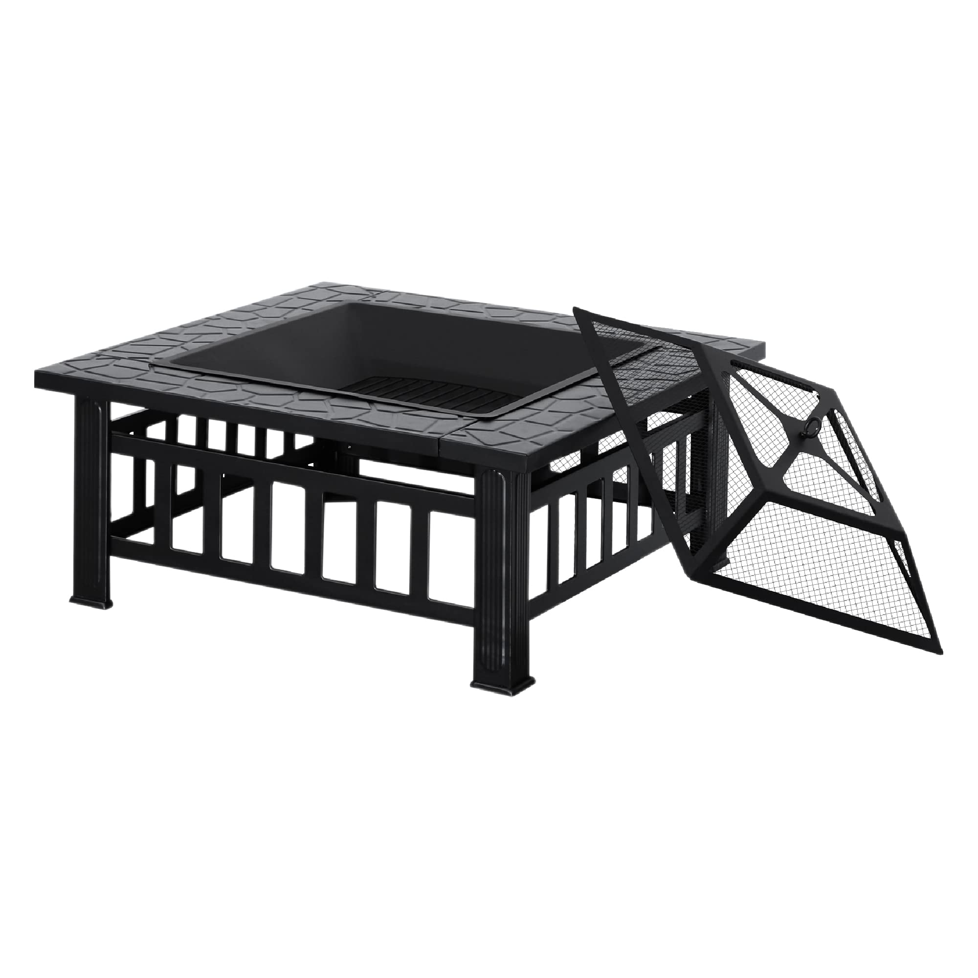 M MCombo Feuerschale mit Grillrost & Funkenschutz, Feuerkorb mit Schürhaken, Feuerstelle für Garten, Terrasse und Balkon 81x81x44,5 cm, 0039