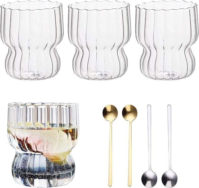 Leikurvo Zestaw 4 filiżanek do espresso: 300 ml szklanki do latte macchiato z 4 łyżeczkami, pionowe paski wzór Ripple Cappuccino, szklanki do kawy, deserowe szklanki do kawy, szklanki do kawy,